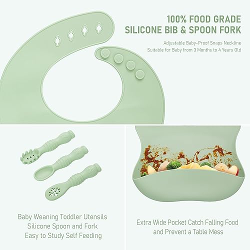 Miniatura 3 de Juego de destete para bebés, juego de alimentación de silicona para bebés (10 unidades), juego de destete para niños pequeños con babero ajustable,