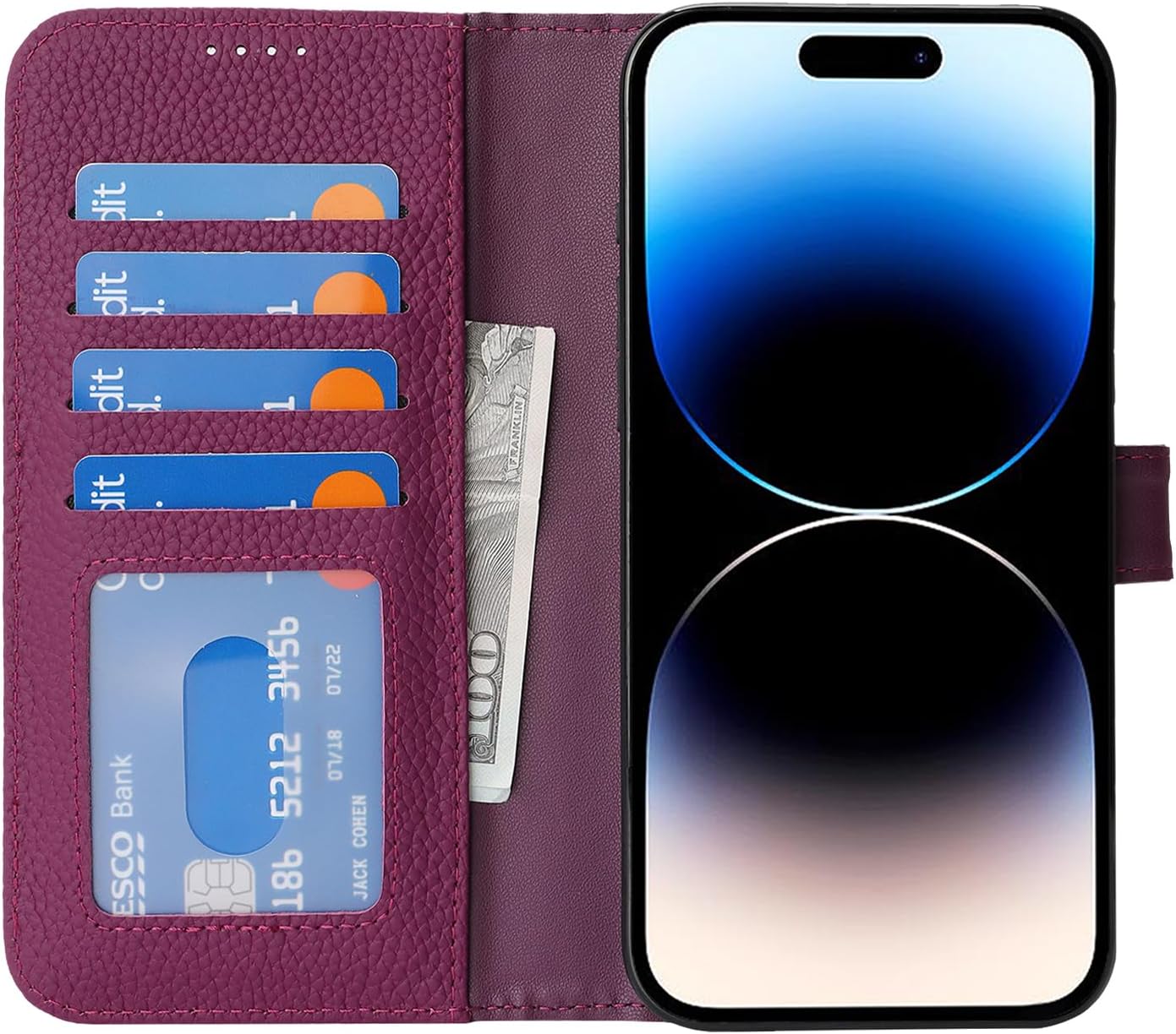 Zouzt Case for iPhone 14 Pro 6.1" Genuine Leather Wallet Case with 4 Card Slot, RFID Blocking Card Holder Magnetic Flip Folio Kickstand Shockproof Phone Cover Women Men - Rose Purple - Image 7