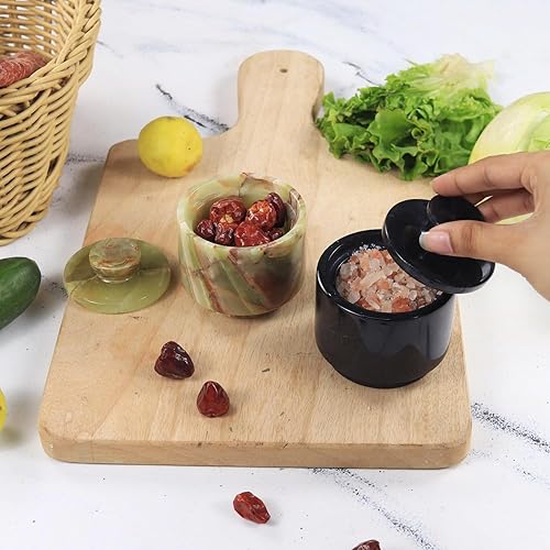 Miniatura 23 de MARBLOUS KRAFTS Salero de Mármol 3" Cebra Negra y Verona Cuenco de Sal Escamosa y Pimienta con Tapa, Almacenamiento para el Hogar y Recipientes
