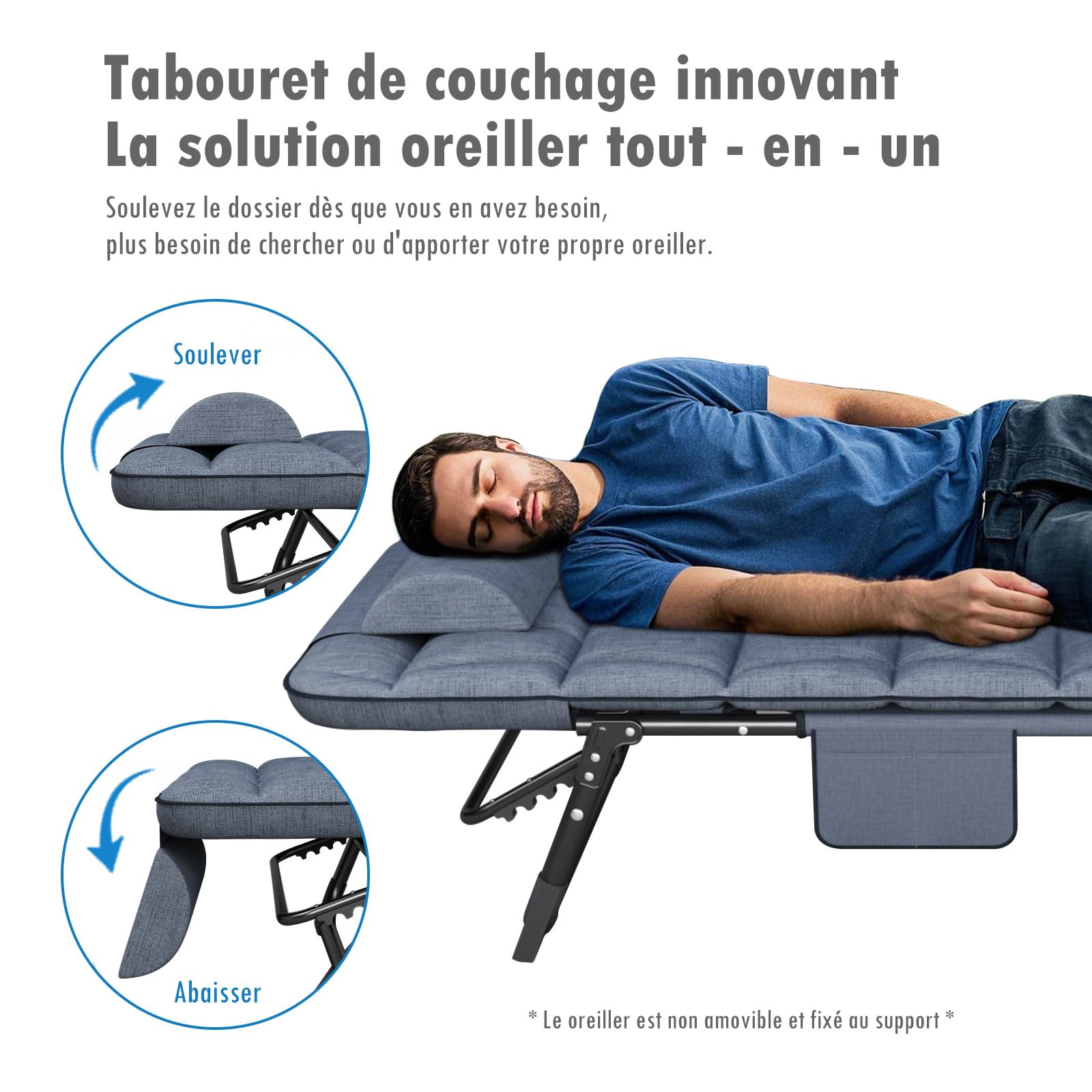 ATORPOK SHOP Bain de Soleil avec Dossier 4 pos réglable, lit de Camping Multi-usages Portable et Chaise Longue inclinable pour Jardin/Piscine/Terrasse, Matelas rembourré et Oreiller - Bleu