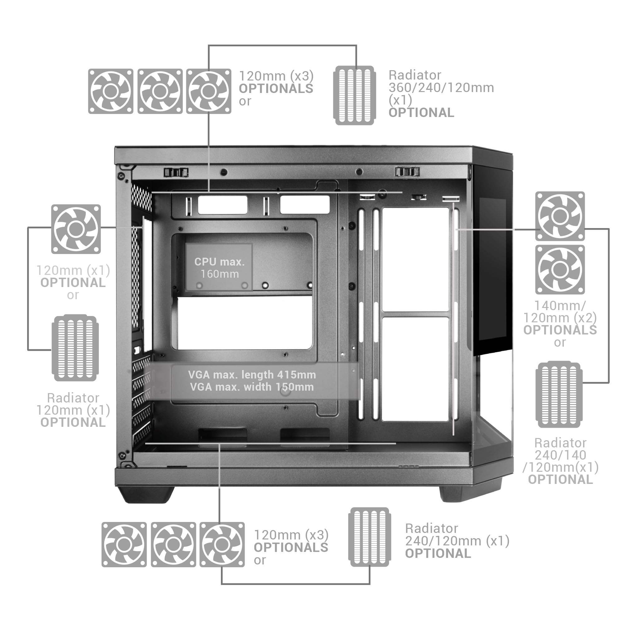 Mars Gaming MC-3TCORELCDM Obudowa Gaming Micro-ATX, Personalizowany ekran IPS 7,2”, Potrójne szkło hartowane, Podwójna boczna komora, Obsługa chłodzenia cieczą do 360mm, Czarny