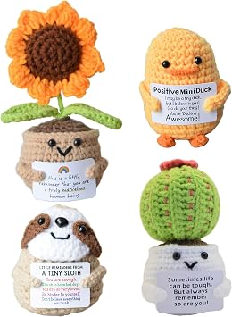 JoyChoi Mini Positive Crochet Animals Handmade Duck, Sloth, Sunflower & Cactus Cute Emotional Support Gifts for Women, Men, Friends Inspirational Decor for Birthday, Graduation & Christmas