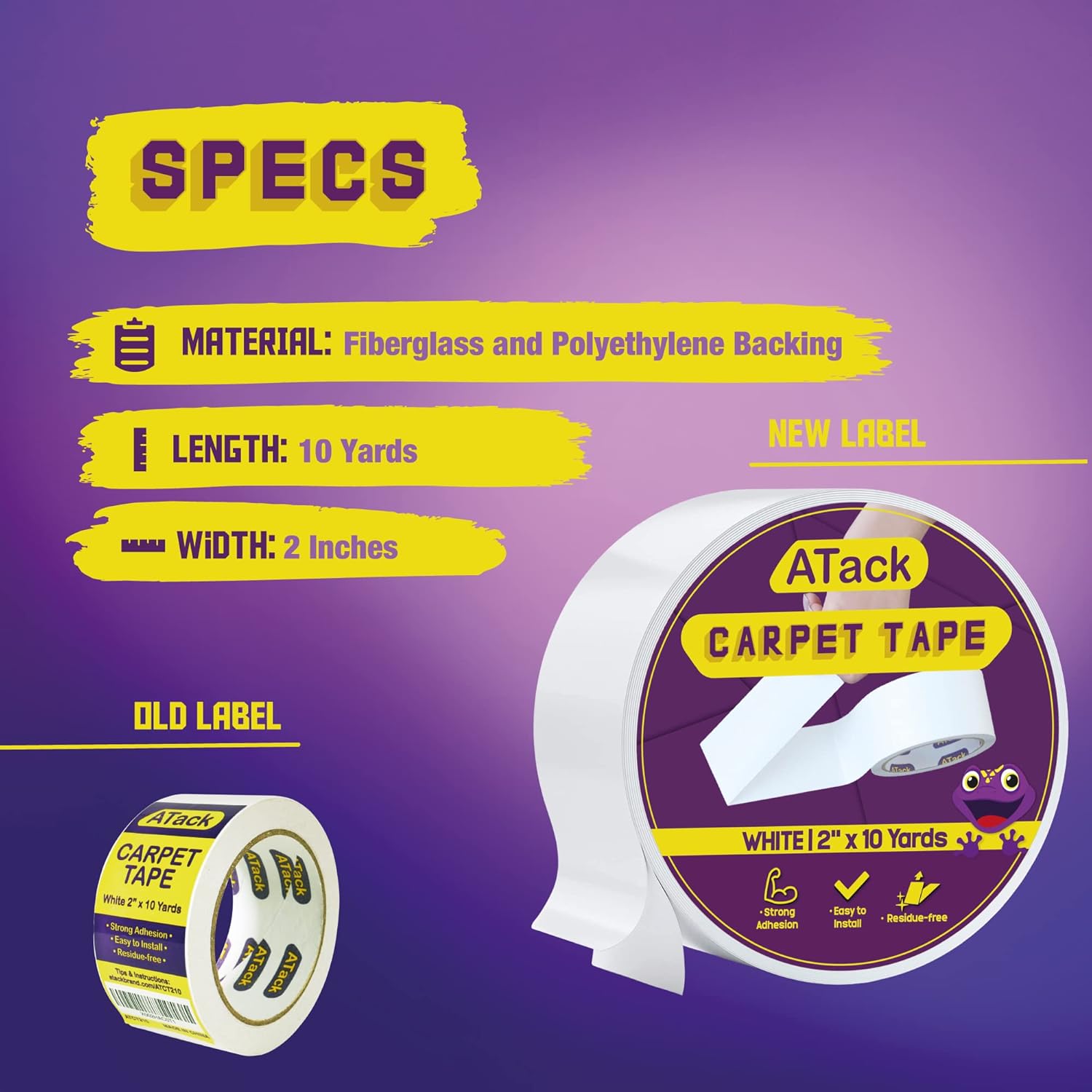 ATack Carpet Tape for Area Rugs, Removable, 2 Inches x 10 Yards, Ideal for Stair Treads, Rugs Over Carpets or Delicate Hardwood Floors
