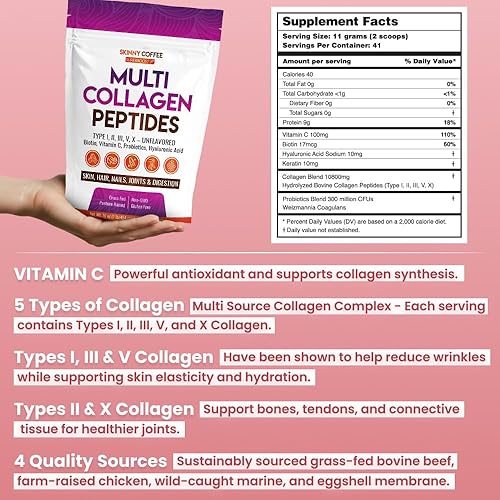 Miniatura 5 de Polvo de péptidos de colágeno múltiple, sin sabor, alimentado con pasto, tipos I, II, III, V, X, con biotina, ácido hialurónico, probióticos y
