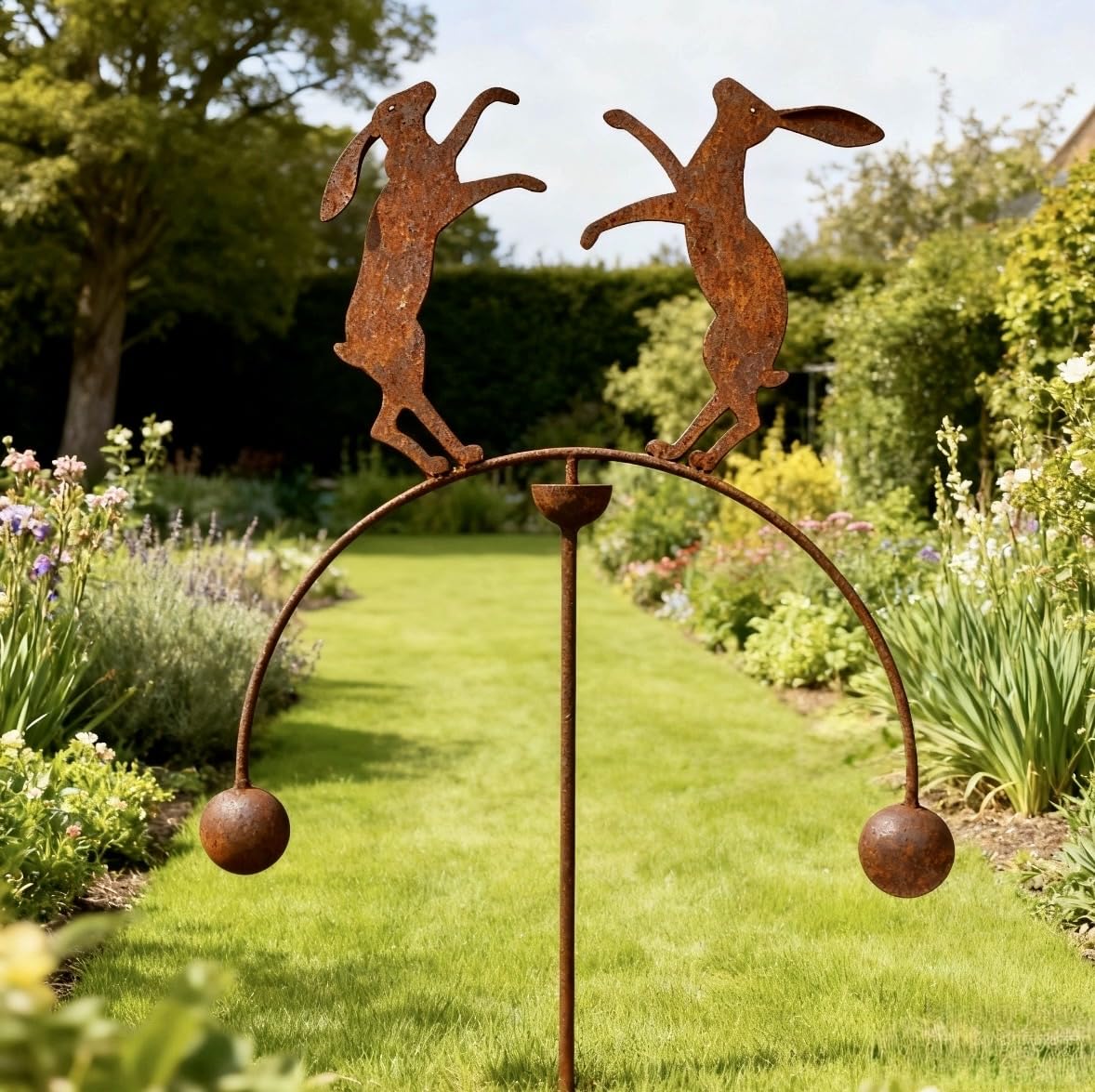 GAP GARDEN PRODUCTS - Boxing Hares Double Ball Wind Rocker/Spinner supplied bare metal that can be painted or left to age over time to give a rustic patina finish