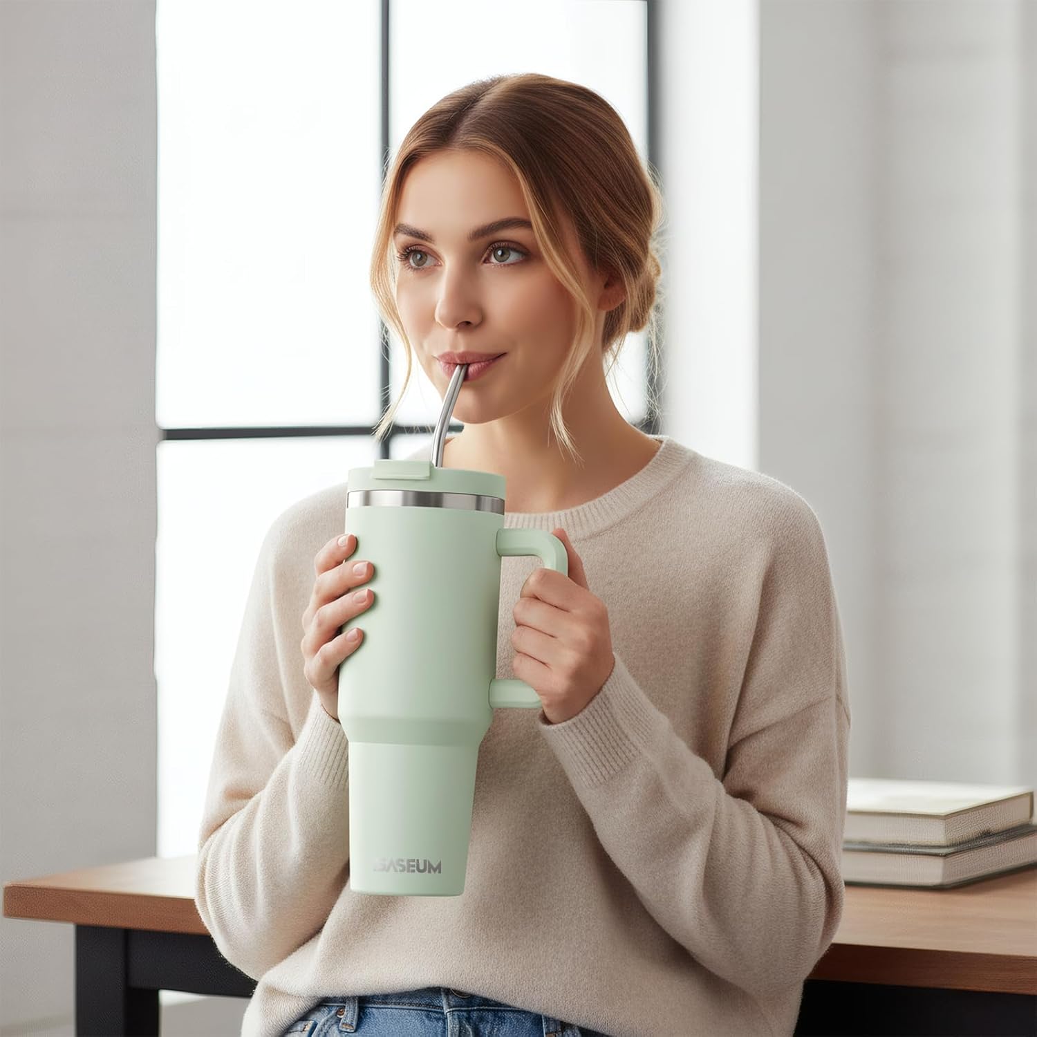 40 oz Tumbler with Handle and Straw, Vacuum Insulated Stainless Steel Travel Mug with Leak-Proof Lid and 2 Reusable Metal Straws, Double Wall BPA-Free Cup for Hot & Cold Beverages – Mint Grey Green - Image 2