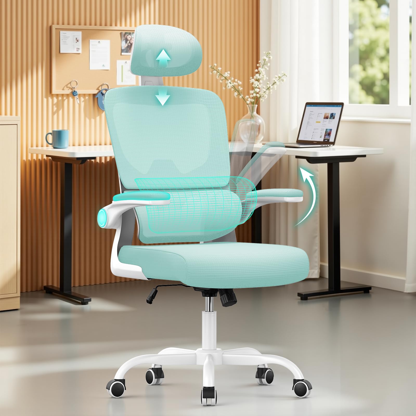 naspaluro Ergonomic Office Chairs, High Big Study Desk Computer Chair with Flip-up Armrests/Back Support/Adjustable Headrest, Comfy Swivel PC Work Chair, Green Mesh Office Chairs for Home Office