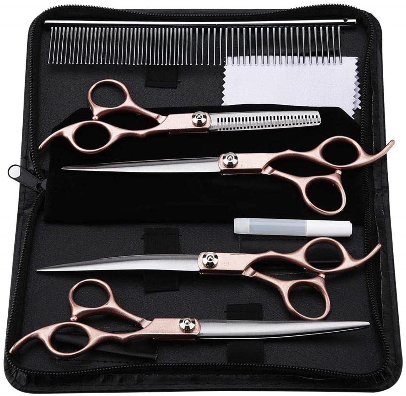 Tijeras Peluqueria Canina, Juego de tijeras de aseo de 7 pulgadas, tijeras rectas y curvadas for cortar perros y gatos, Kit de tijeras for adelgazar el cabello