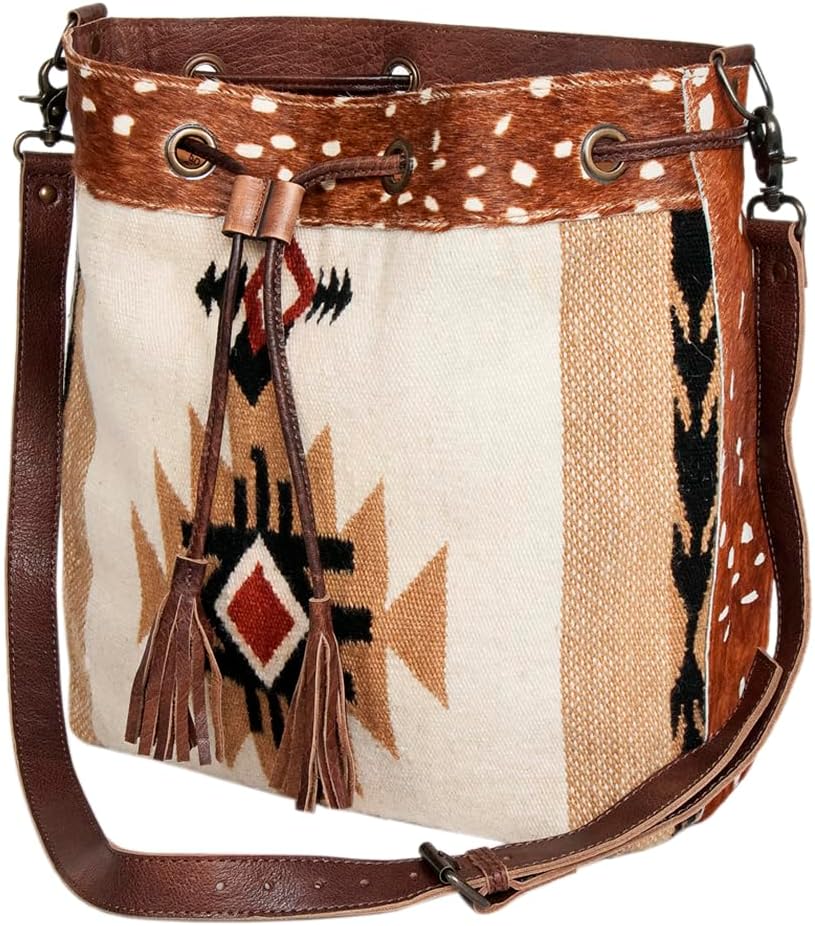 American Darling Bucket Bag Hand Woven Saddle Blanket Hair-On Cowhide Genuine Leather Western Purse with YKK Zipper