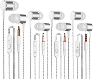 GIEEU 4 Pairs Earbud Headphones with Remote & Microphone in Ear Earphone Stereo Sound Noise Isolating Tangle Free,Fits All 3.5mm Interface Device (Silver-4pairs)