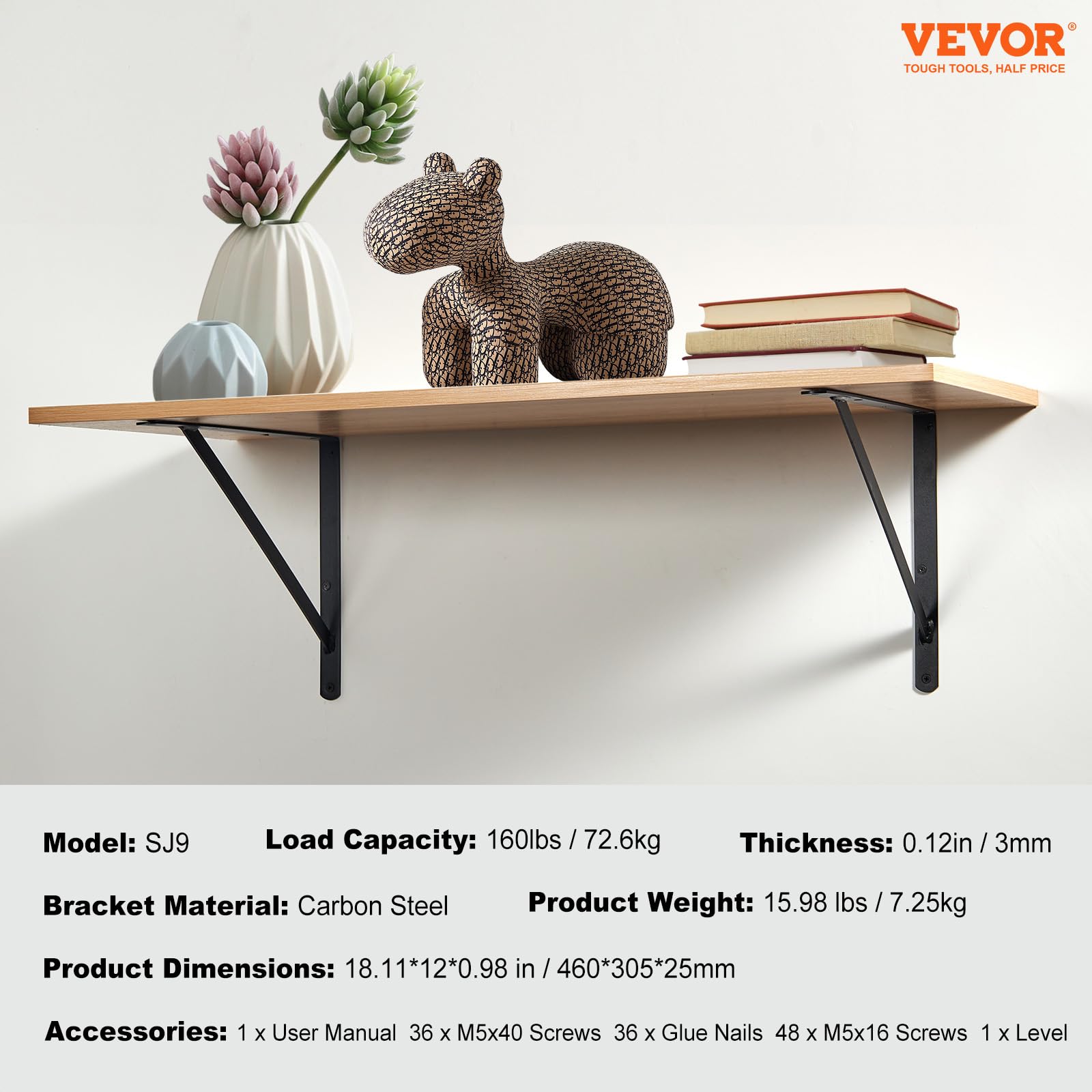 VEVOR Soporte de estante, juego de 12 soportes de montaje en pared duraderos de 18 x 12 pulgadas, diseño triangular negro mate de 3 mm, soportes de estante de acero, soporte de peso de 160 libras