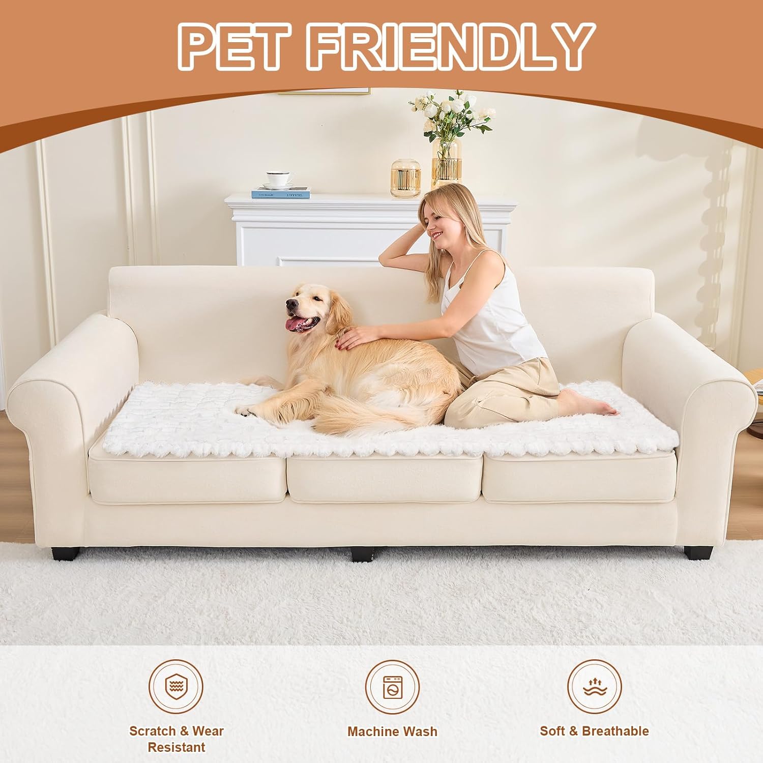 Dog Couch Cover for Sofa, Non Slip Pet Sofa Protector, Thick Fuzzy Couch Cover for Dogs, Machine Washable Furniture Protector, Scratch Resistant Pet Couch Mat(White, 28 x 83/70 x 210cm)