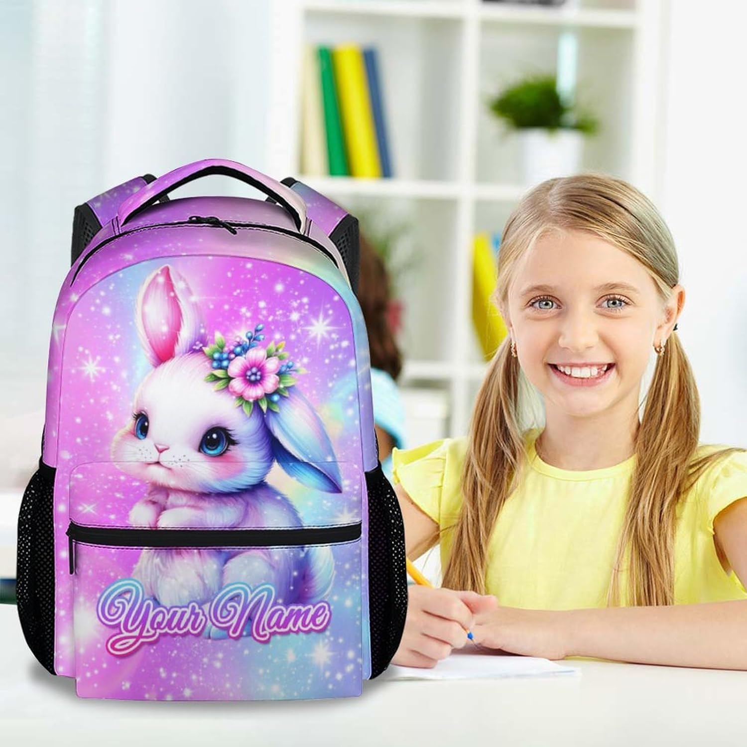 Personalized School Backpack for Kids, 17 Inch Bunny Girls Backpacks for Kindergarten, Durable Bookbag for Primary School