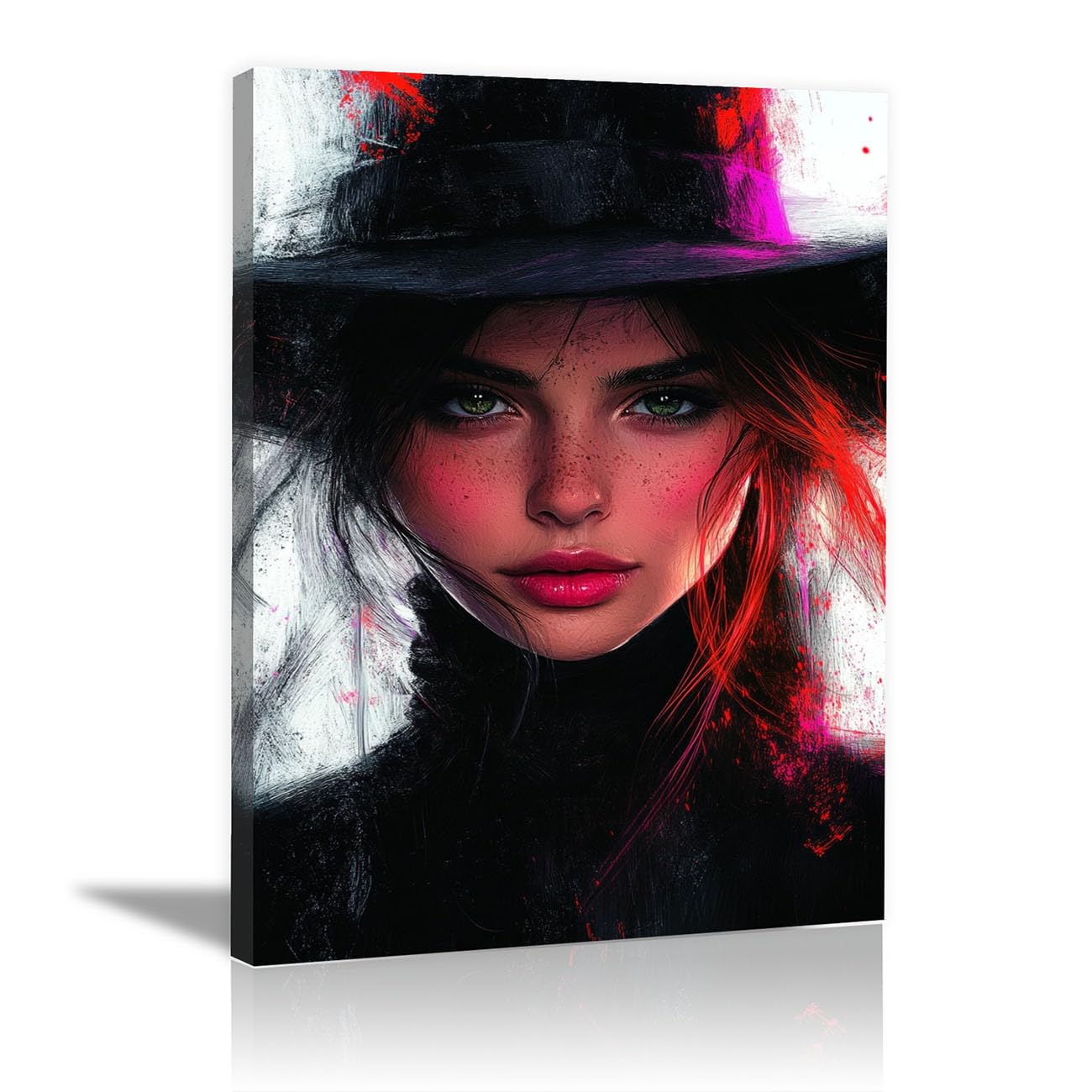 QUSAAOU Fashion Portrait Canvas Wall Art Woman with Black Hat and Green Eyes Art For Living Room Bedroom African American Decor For Home Afro Woman Poster And Prints(Black)-70x100cm Framed