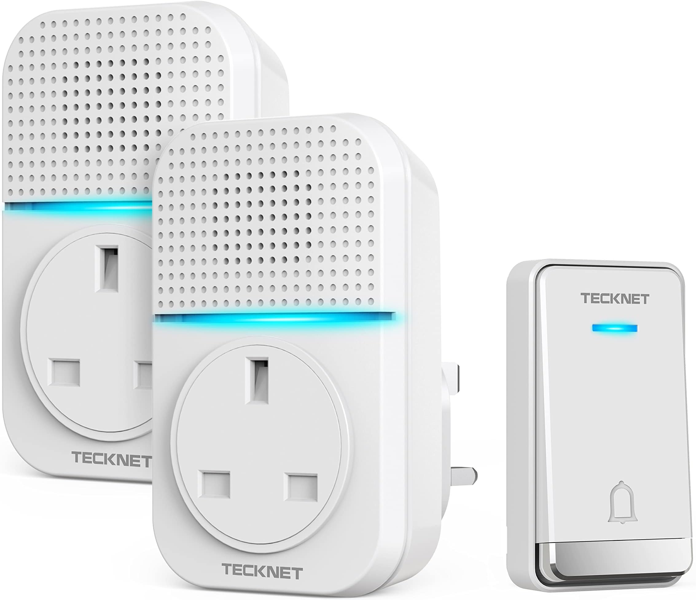 TECKNET Self-Powered Doorbell, Waterproof IP65 Twin Wireless Doorbell No Battery Required Push Button Plug Through Cordless Door Chime at 1300ft Range with 60 Chimes, 5-Level Volume & LED Light