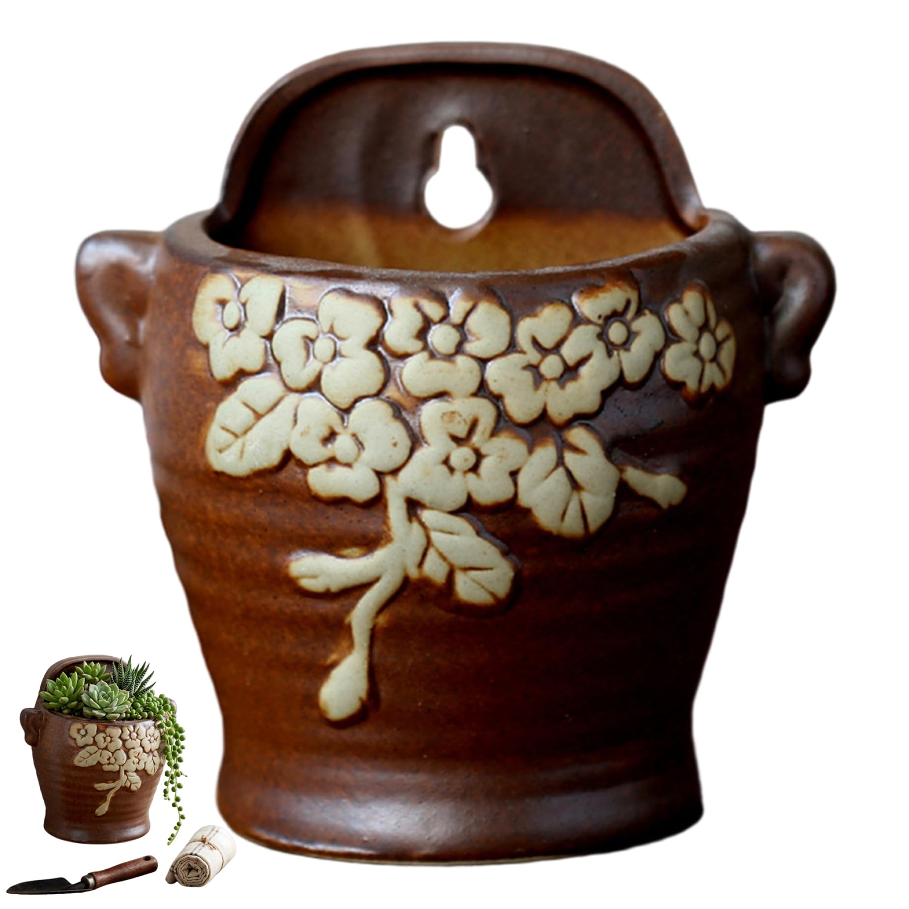 Latemeia Vintage Ceramic Wall Planter, Green Wall Hanging Planter with Retro Design for Indoor Outdoor Plants, Small succulents Flower Pot Holder Brown, Ornaments extérieurs