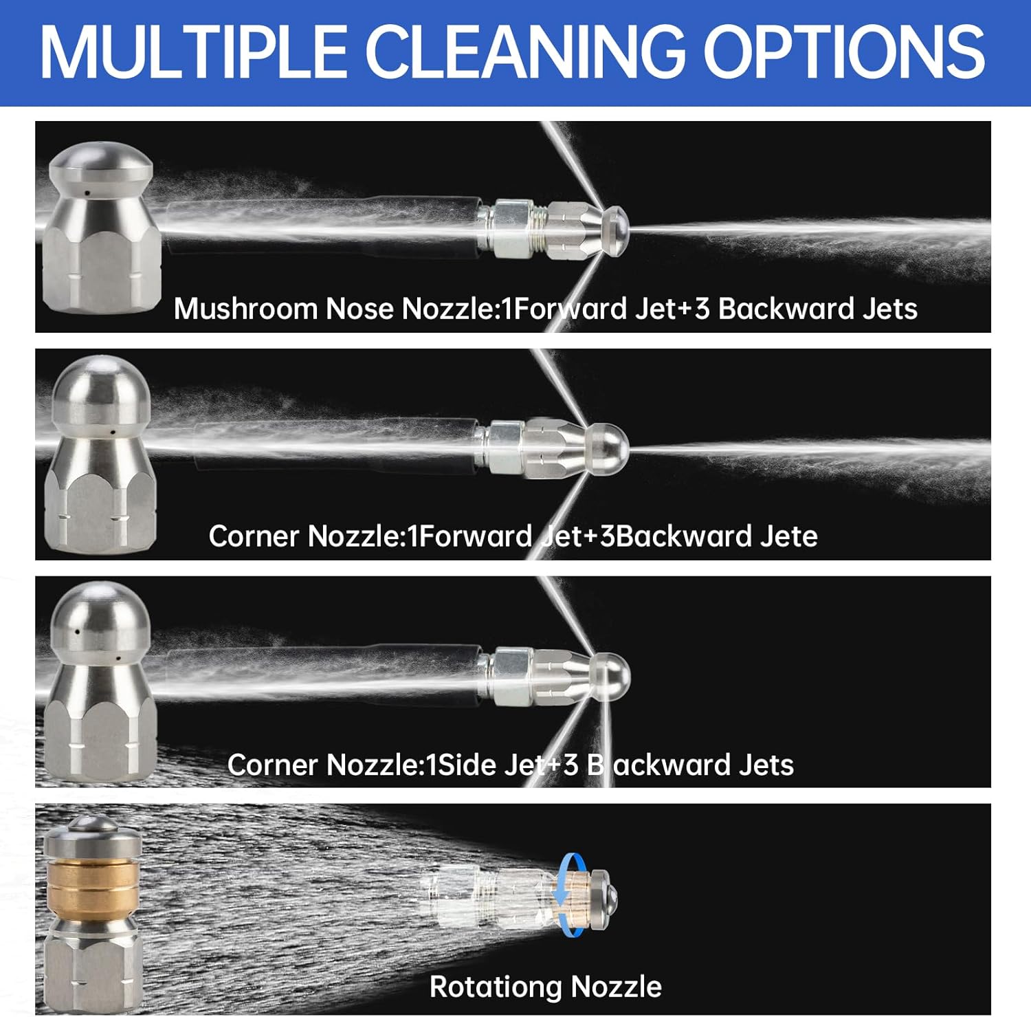 Sewer Jetter Kit for Pressure Washer 150FT，Drain Cleaner Hose 1/4 Inch NPT Corner, Rotating and Button Nose Sewer Jetting Nozzle Kit Waterproof Tape Pearl Corsage Pin and Spanners，5800PSI