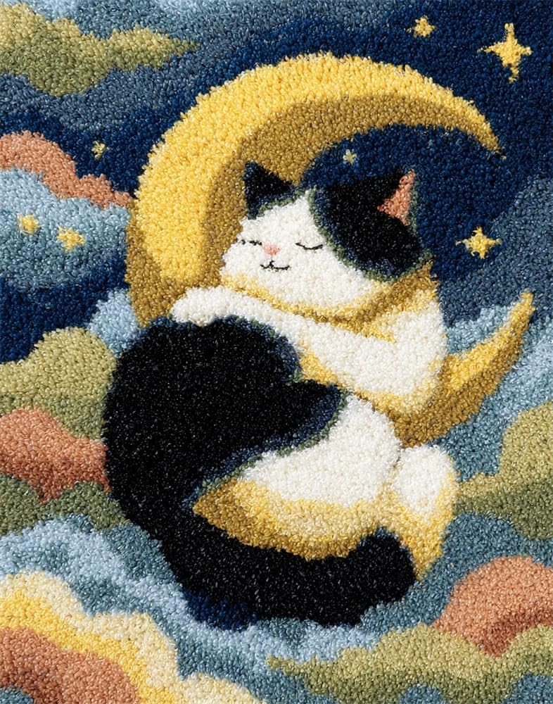 FWRTYCB Latch Hook Kits Rug Making Crafts with Pattern Printed,Cats Back Under The Starry Sky 20X15Inch Large Latch Hook Rug Kit Tapestry Rug Making Kits DIY Crafts Unfinished Handmade Crochet Yarn