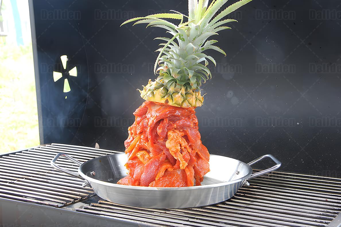 BBQ Vertical Skewer Al Pastor for Grill-Vertical Spit with 13" Base Pan for Tacos Al Pastor, Vertical Rotisserie Shawarma-Grilling Accessory with 3 Spikes (8”,10" and 12”)