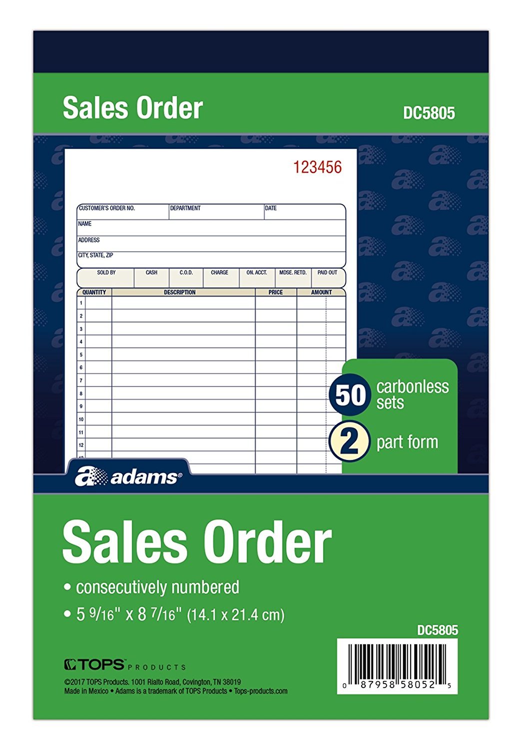 Adams Sales Order Book, 2-Part, Carbonless, White/Canary, 5-9/16 x 8-7/16 inches, 50 Sets per Book (DC5805) (12 Pack)