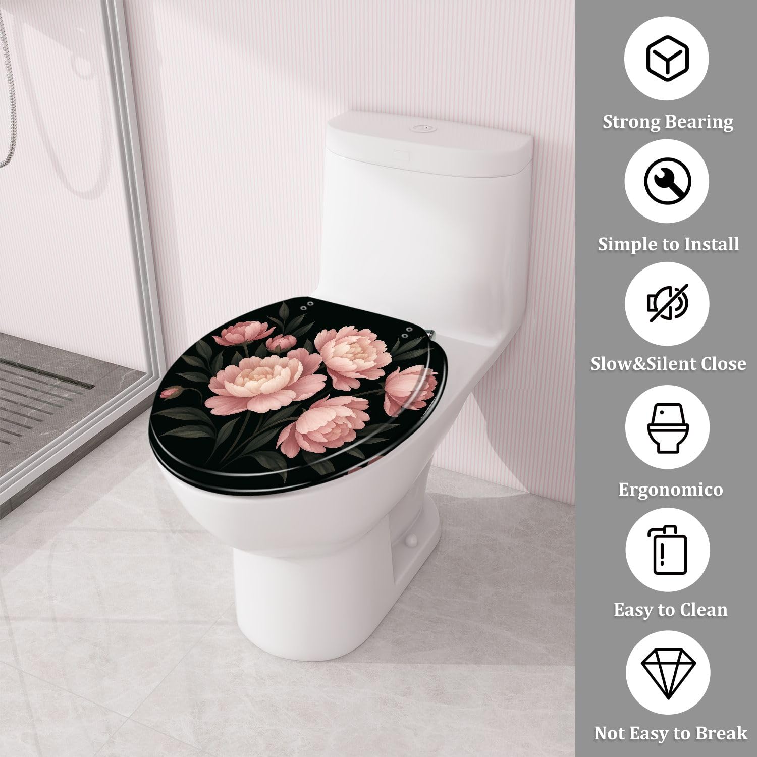 Asiento de inodoro redondo de resina negra con cierre suave para baño.