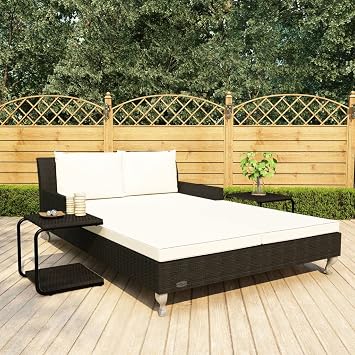 Black Rattan Sun Lounger with Cream White Cushions 2-Person Garden Sun Bed Outdoor Patio Furniture for Relaxation and Lounging