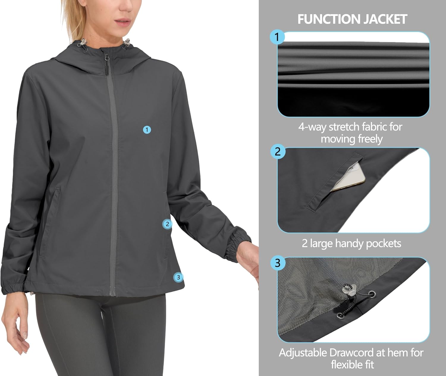Mapamyumco Women's Lightweight Jacket Running Windbreaker with Hood Windproof Stretch UPF50+