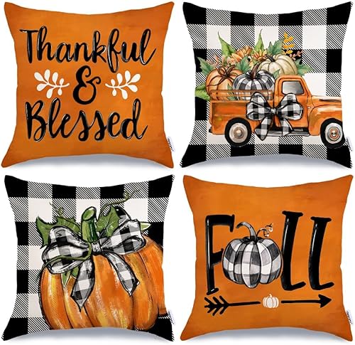GEEORY Juego de 4 fundas de almohada decorativas de otoño de 20 x 20 pulgadas, diseño de calabazas, diseño de búfalo bendecido con texto en inglés