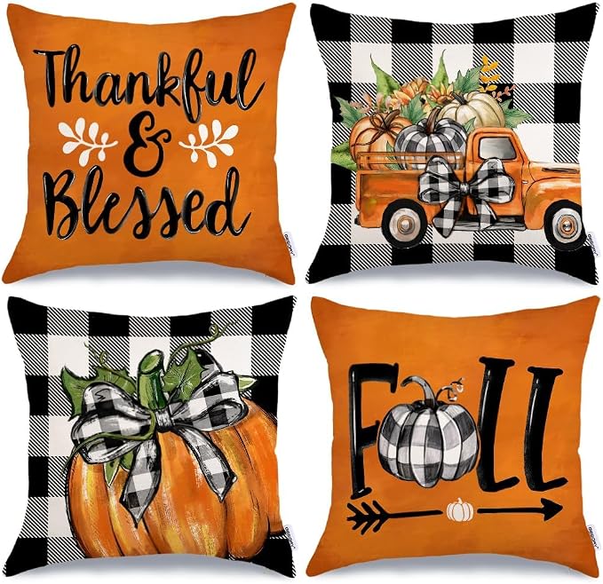 GEEORY Fall Decorative Throw Pillow Covers 18 x 18 Inch Set of 4, Pumpkins Thankful Blessed Buffalo Plaid Fall Decor Outdoor Farmhouse Pillow Cases for Home Couch (Orange Color) G337-18