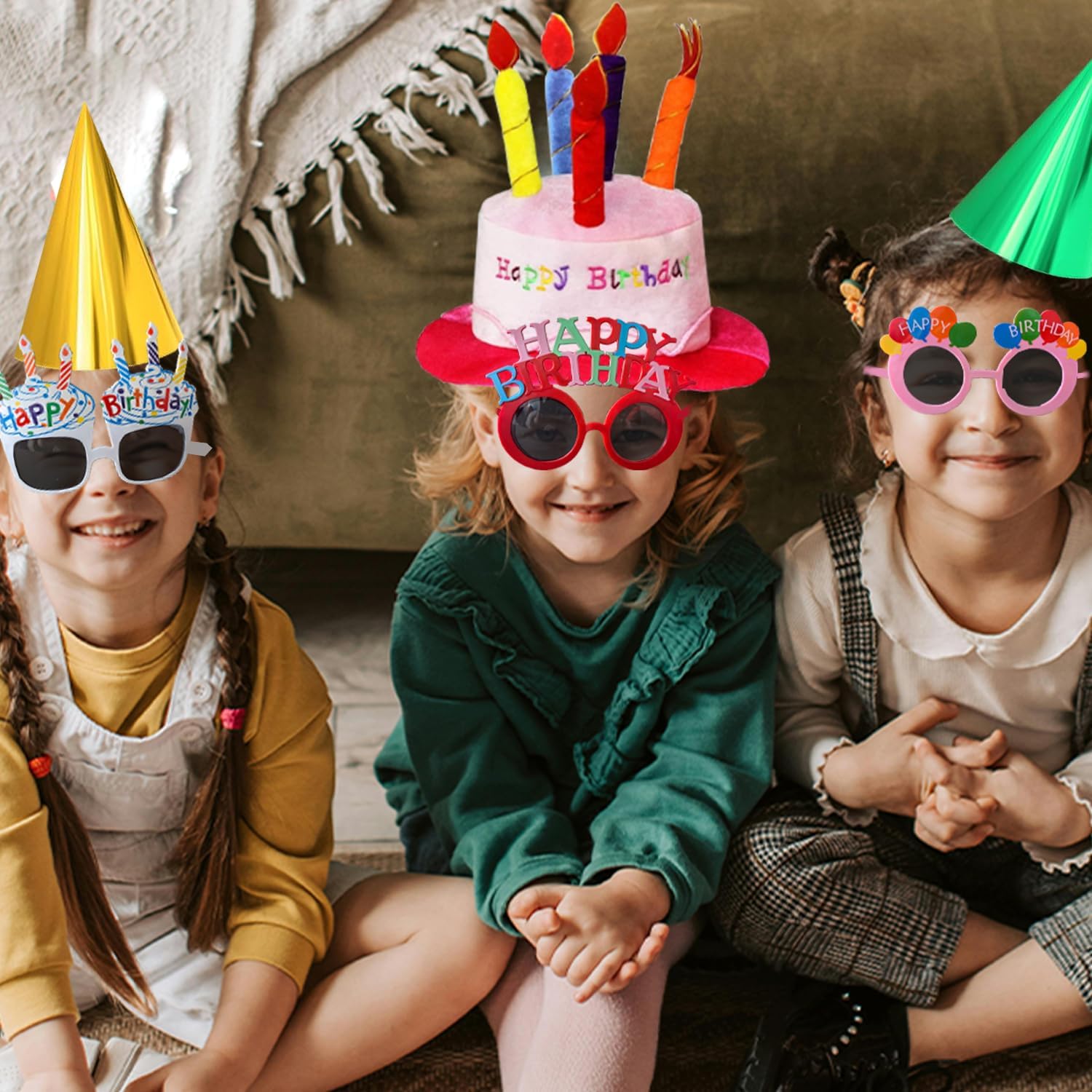 2pcs Plush Happy Birthday Hats, 10pcs Funny Birthday Glasses, 24pcs Party Cone Hats for Adults Teens, BDParty Costume Accessories