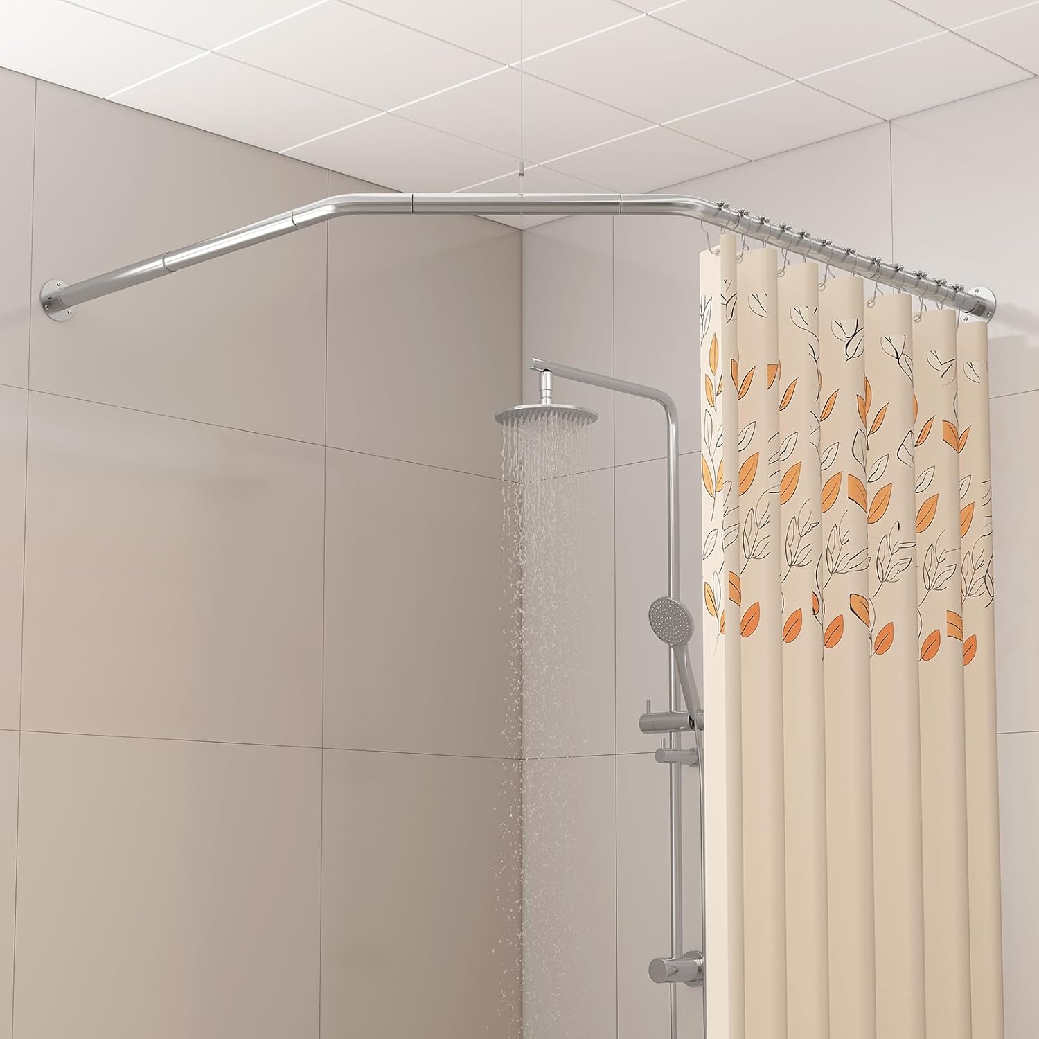 Diamond Shaped Corner Shower Curtain Rod, [Both Sides: 22"-34.8", Middle: 28"-43.7"] Adjustable Heavy Duty Angled Shower Curtain Pole for Bathroom with 12 Hooks & Ceiling Support Brushed Nickel