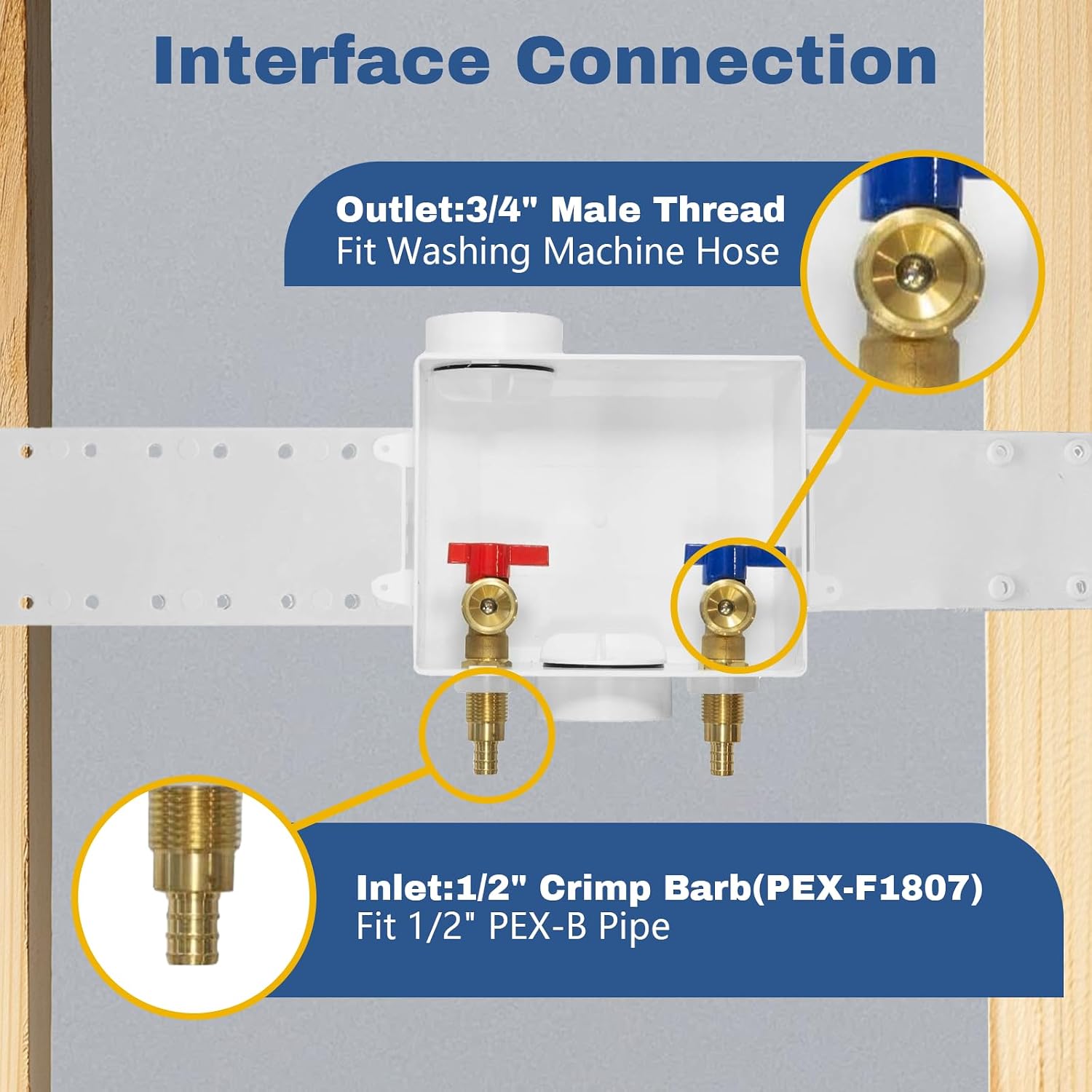 1-PACK GUOFIS Washing Machine Outlet Box, PEX Laundry Washer Box with Central and Side Drain Design(1/2"PEX Crimp Connection Inlet X 3/4"MHT Outlet)(WM002)