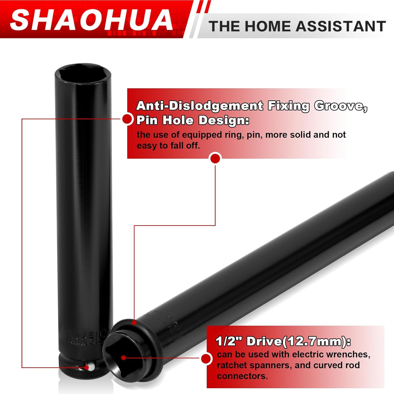 3/4"(19mm) Nut Driver 6" & 12", Deep Nut Runner Hollow Socket with 1/4" Hex Shank Adapter, 1/2" Drive 3/4 Socket for Ceiling Long Threaded Rod Bolts, Ductwork, 2 Lengths for Overhead Fastening