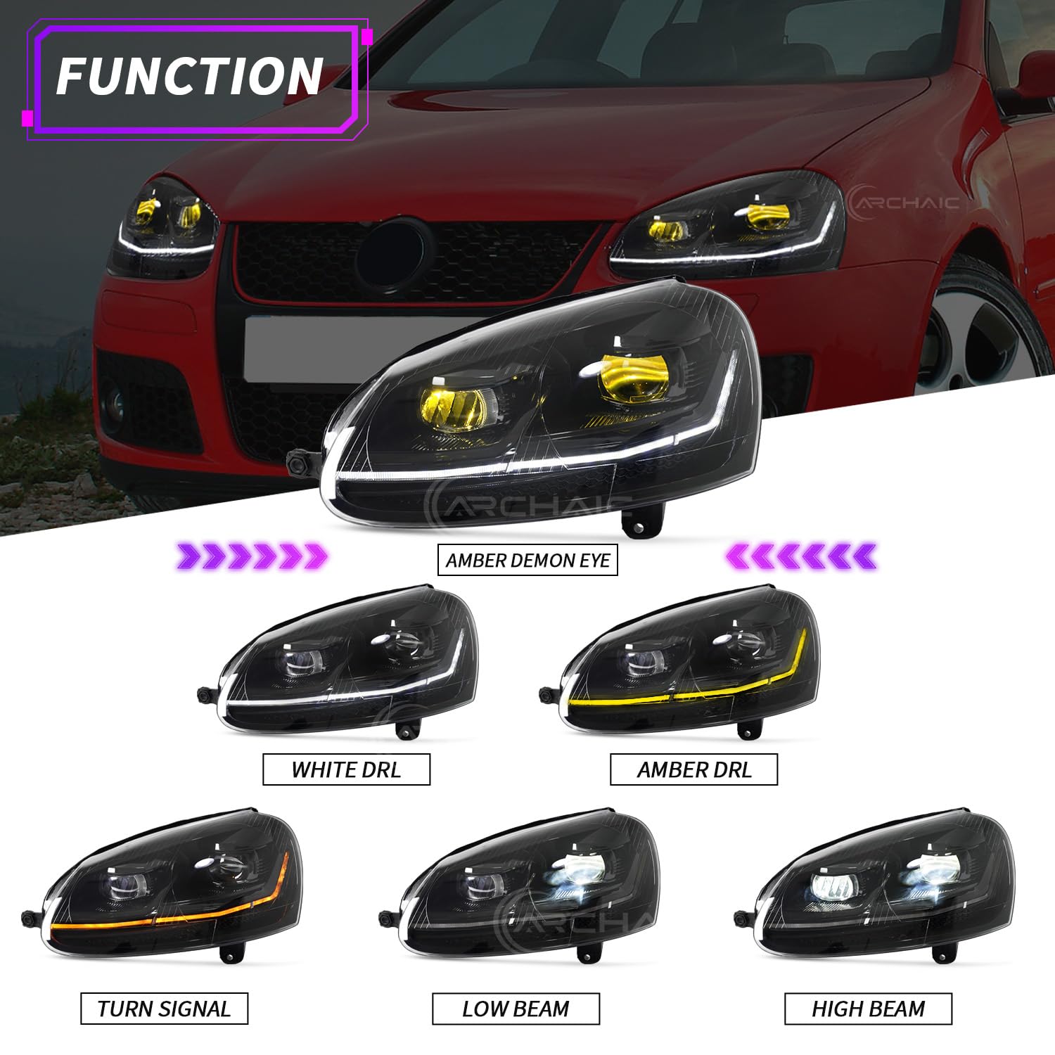 Archaic Reflektory kompatybilne z Volkswagen Golf 5 MK5 2003-2009 i Jetta 1k2 2005-2010, VOLKSWAGEN GTI/RABBIT 2006-2009 nie pasują do XENON/HID, z sekwencyjnymi kierunkowskazami, animacją DRL, z