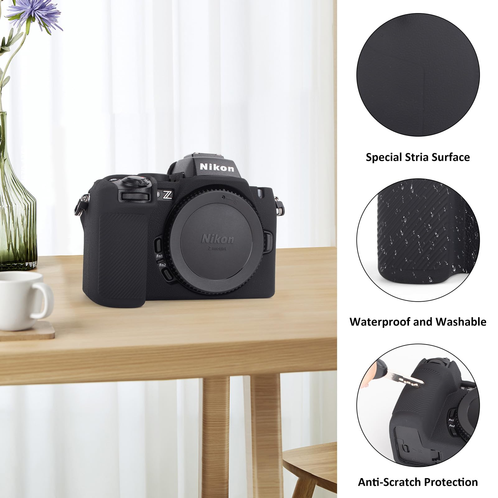 MUZIRI KINOKOO Silikonowe etui kompatybilne z aparatem cyfrowym Nikon Z50 II, miękka guma Z50II, pokrowiec ochronny z uchwytem na rękę, antypoślizgowe i odporne na zarysowania, czarne