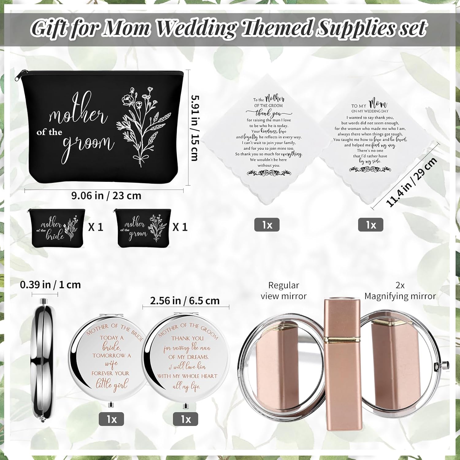 Teenyyou 8 Pack Mother of the Bride Groom Gift Set - Includes 16oz Glass Cup Cosmetic Make up Bag Pocket Mirror Handkerchief, Engagement Anniversary Wedding Day Gifts for Mom Mother in Law(Simple)