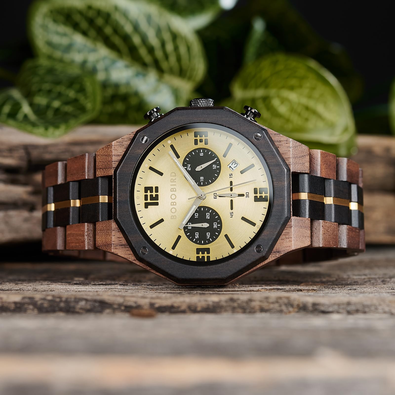 BOBO BIRD Orologio da uomo in legno, sportivo, moderno, casual, cronografo, al quarzo, orologio da polso da uomo, cinturino in acciaio inossidabile con visualizzazione della data (oro), oro, M
