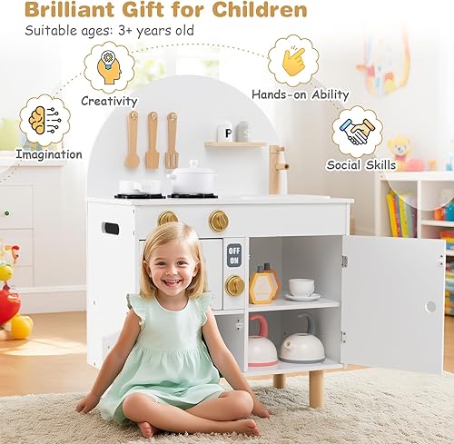 Miniatura 6 de Costzon Juego de cocina para niños, cocina con estufas, grifo, fregadero, microondas, gabinete, horno y accesorios de cocina, cocina de madera para