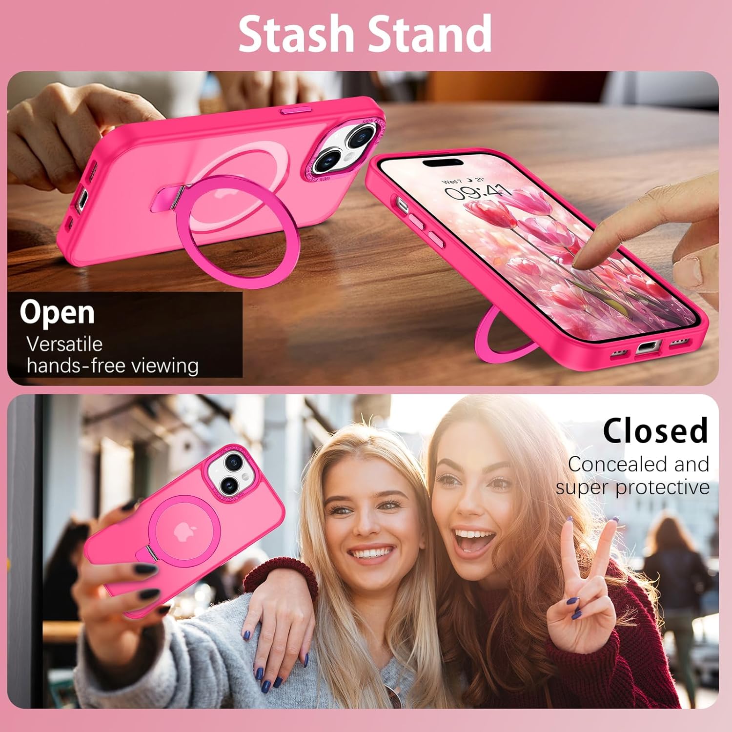 DUEDUE for iPhone 15 Plus Case Magnetic with Ring Stand[Compatible with Magsafe], Full Body Protective Cover Slim Shockproof Kickstand Phone Case for Apple iPhone 15 Plus 6.7", Hot Pink - Image 5