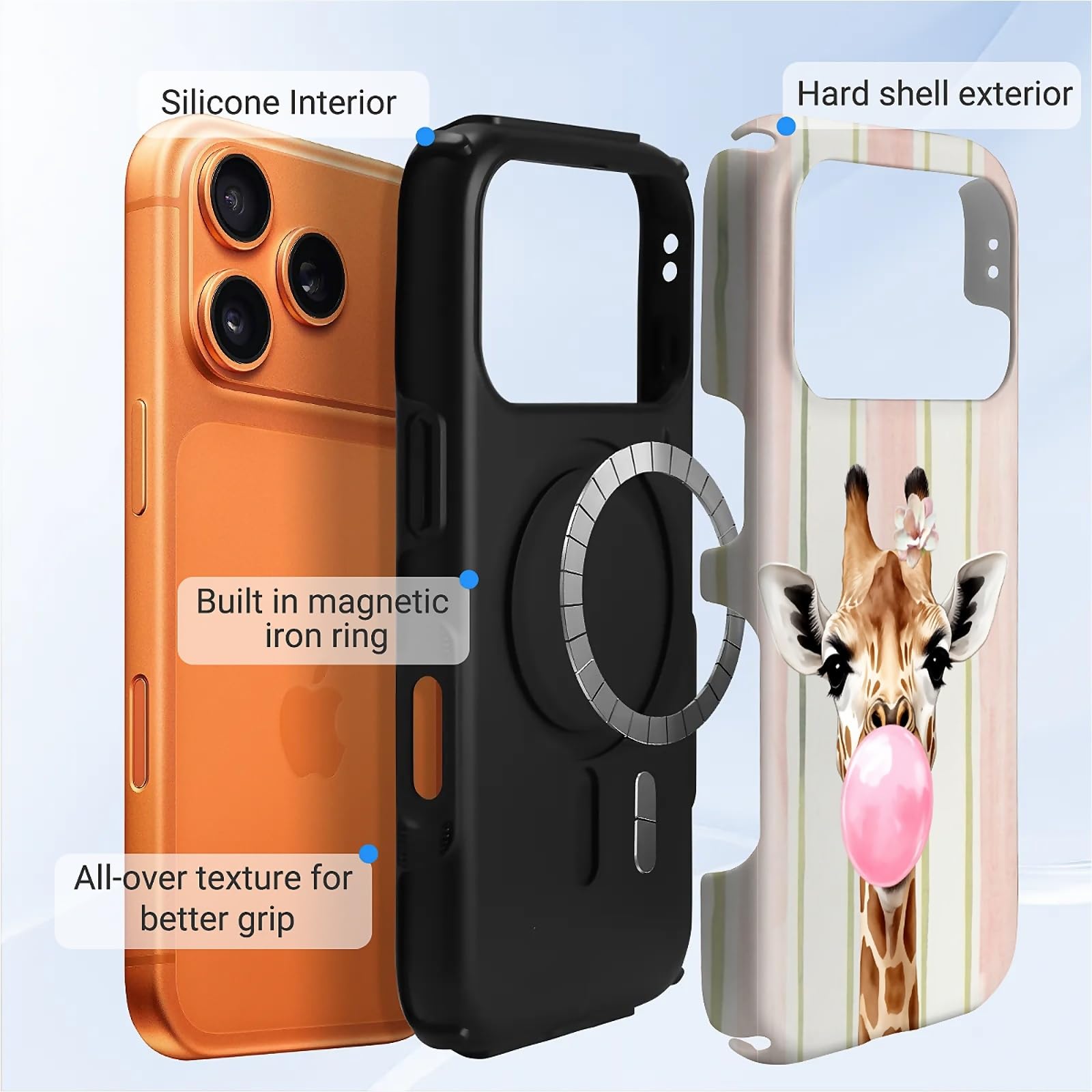 CARLOCA Compatibile con iPhone 17 Pro Custodie 2 in 1 in silicone antiscivolo per MagSafe fornisce una protezione completa per iPhone 17 Pro con design a strisce rosa Bubblegum Giraffe