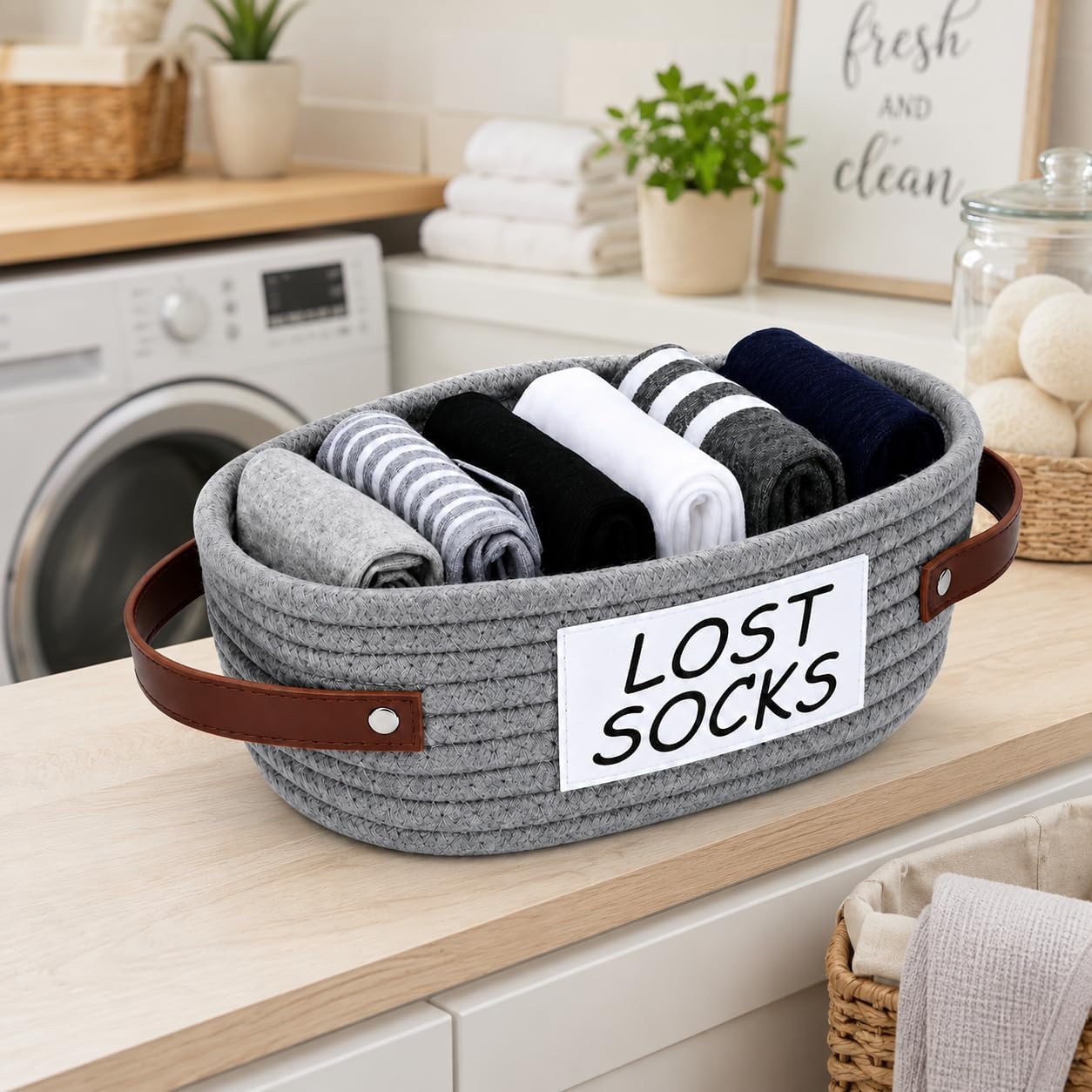 Lost Socks Basket for Laundry Room, Small Cotton Rope Basket with Handles, Compact Woven Storage Bin for Unmatched Socks, Laundry Room Shelf Organizer and Decorative Home Storage, Gray