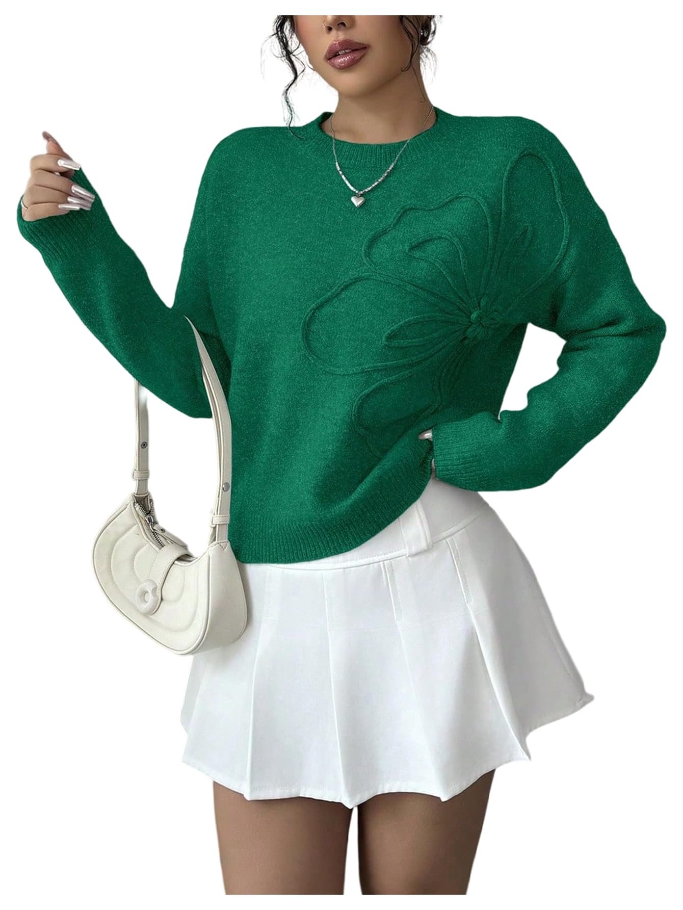 RoseSeek Women's 3D Floral Appliques Sweaters Long Sleeve Knit Tops