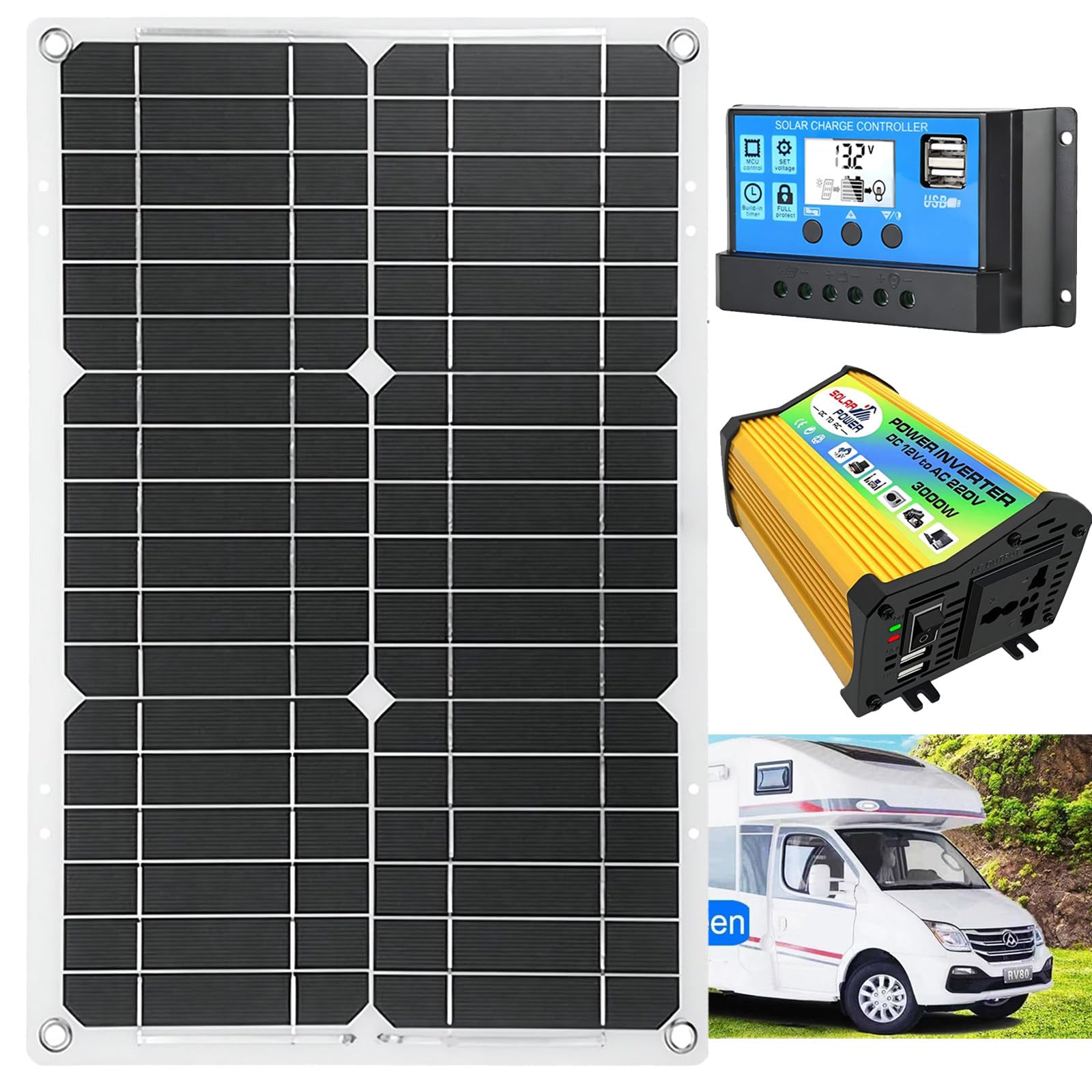 Zonne-energiesysteem voor thuis, zonnepaneelkit, 30A zonnepaneelcontroller 3000W omvormer, voor campers, boten, aanhangwagens, campers,A