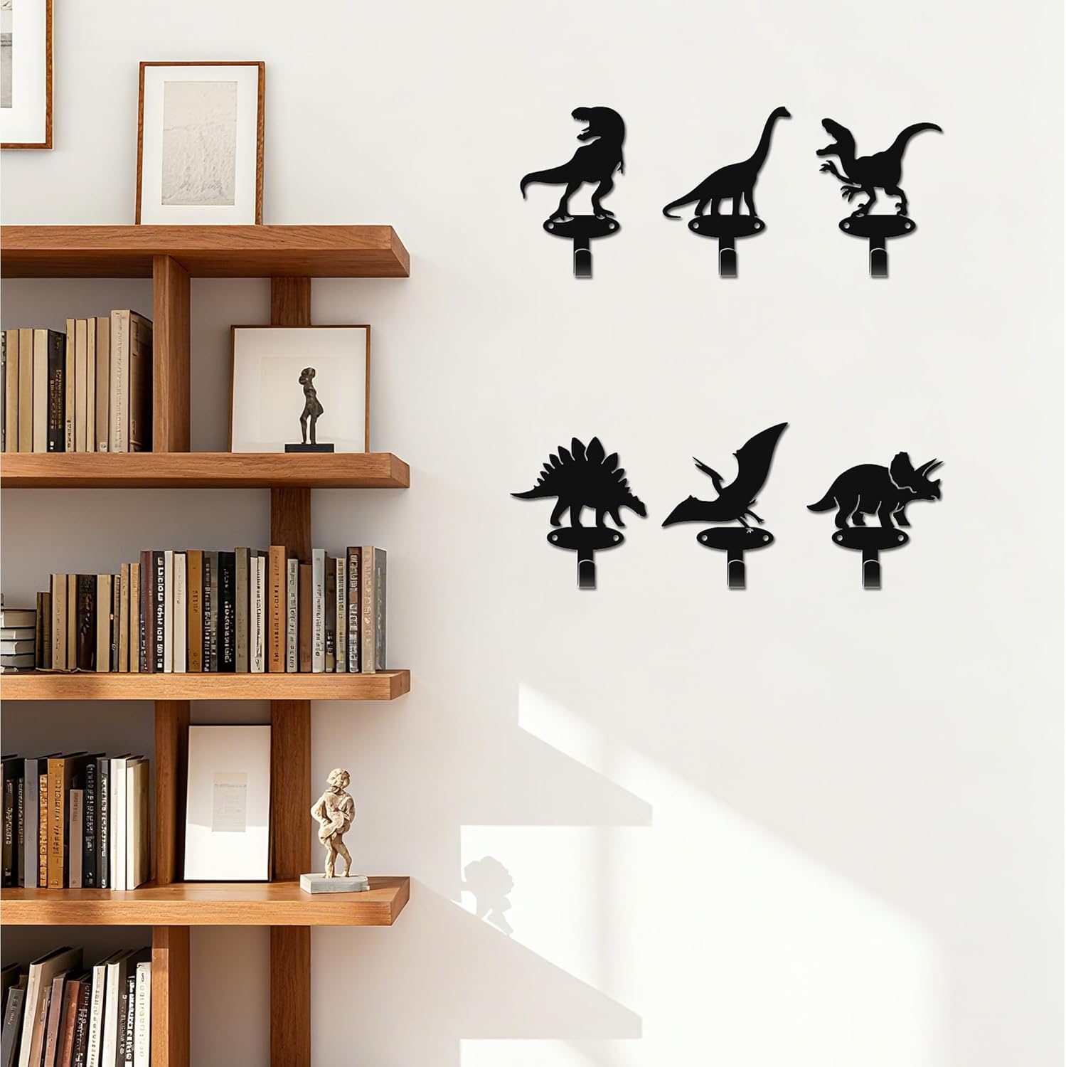 Dinosaur Silhouette Shape Coat Hooks - Set of 6 Black Metal Dinosaur Wall Hooks for Bedroom, Entryway, Playroom Kids Room Decor & Organizer