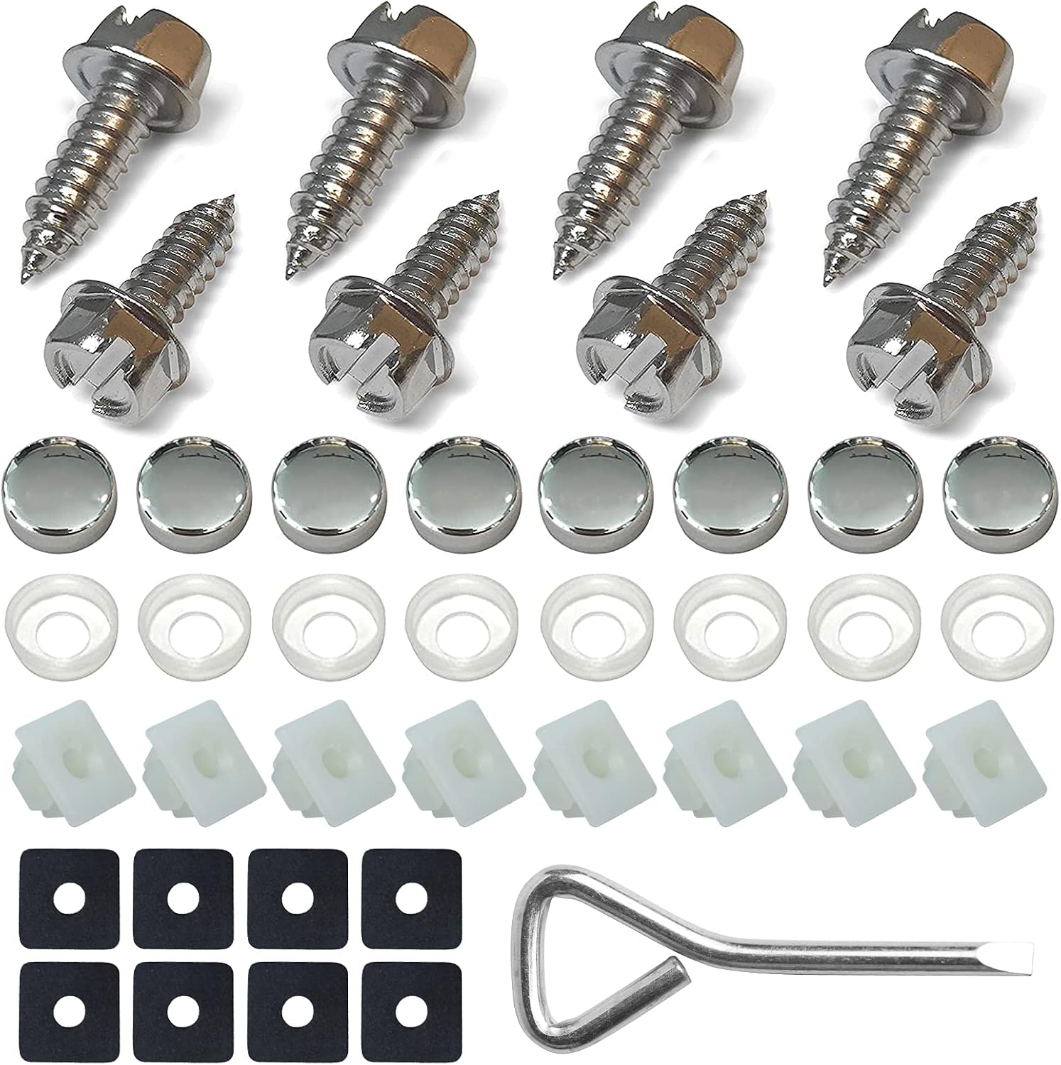 Silver License Plate Screws Fastener Kit, White Stainless Steel Screws, White Screw Covers, Nylon Screw Inserts and Foam Pads for Fastening License Plates or Frame - Sivler