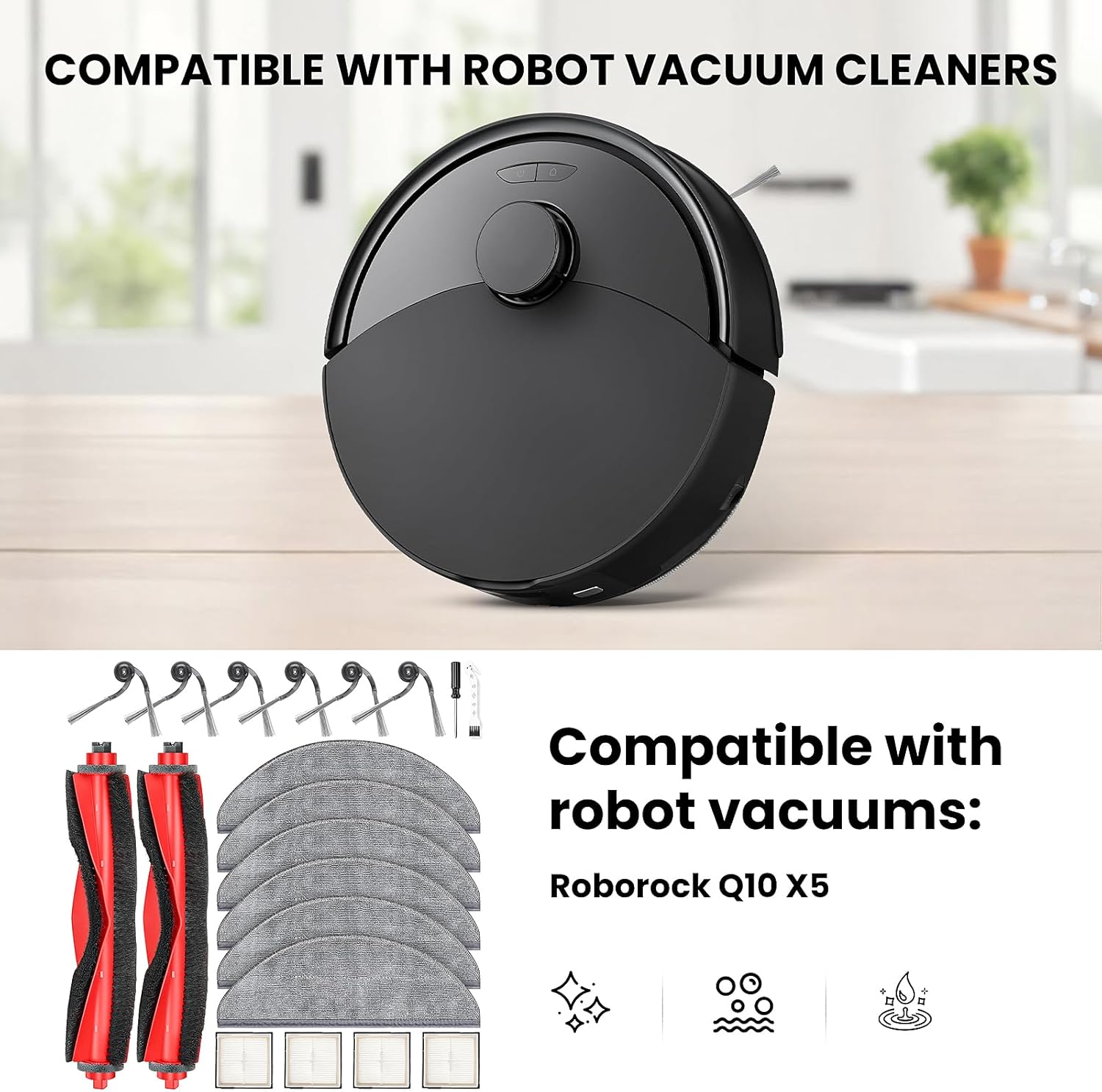 20 Pcs Replacement Kit for Q10 X5 Robot Vacuum, 2 Main Brush, 4 HEPA Filter, 6 Mop Pads, 6 Side Brush, 1 Cleaning Brush and 1 Screwdriver