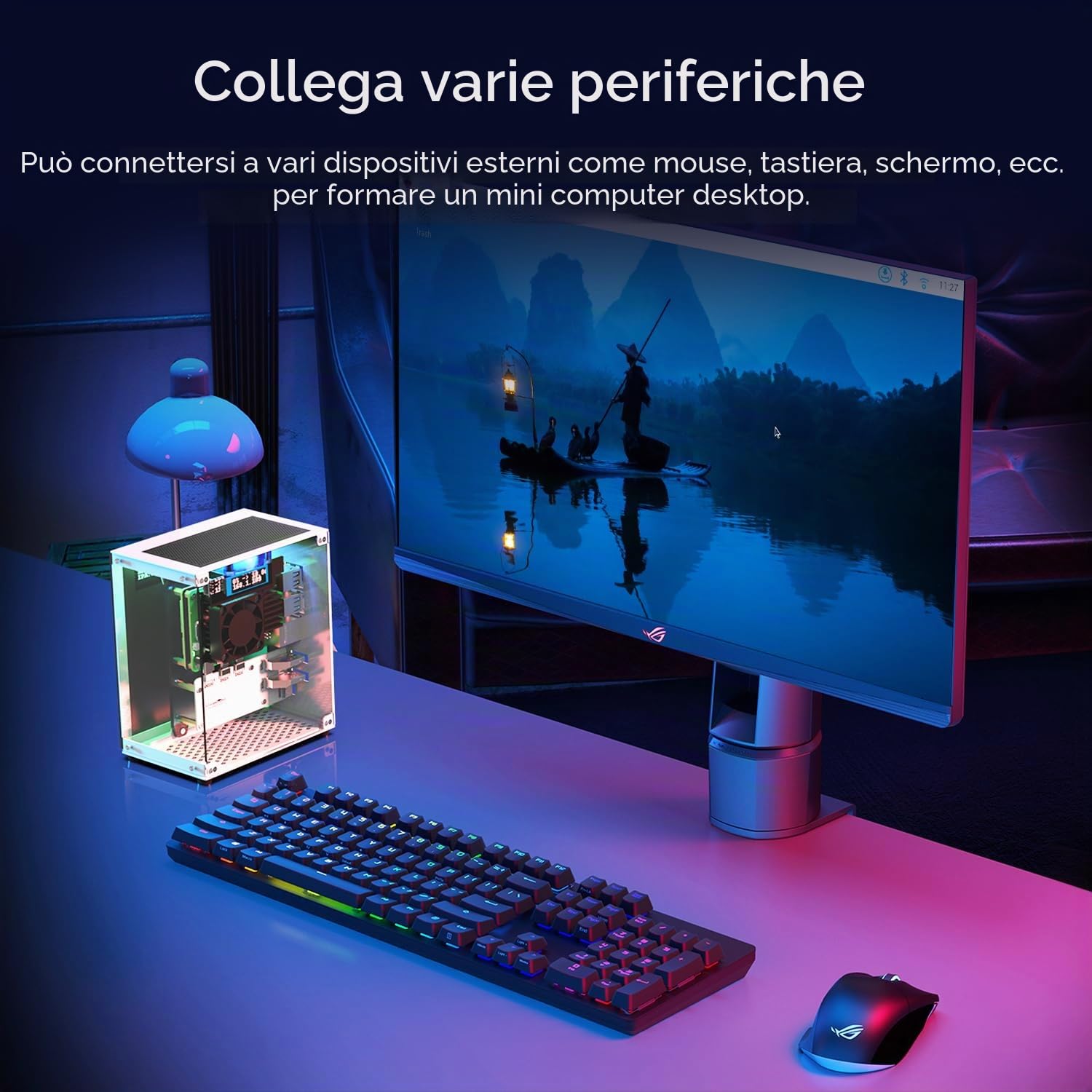 Yahboom Raspberry Pi 5, Custodia in Alluminio Micro Desktop con Radiatore Attivo Pi5, Fan PWM, RGB Lightint Bar, Mini Tower PC, Display OLED