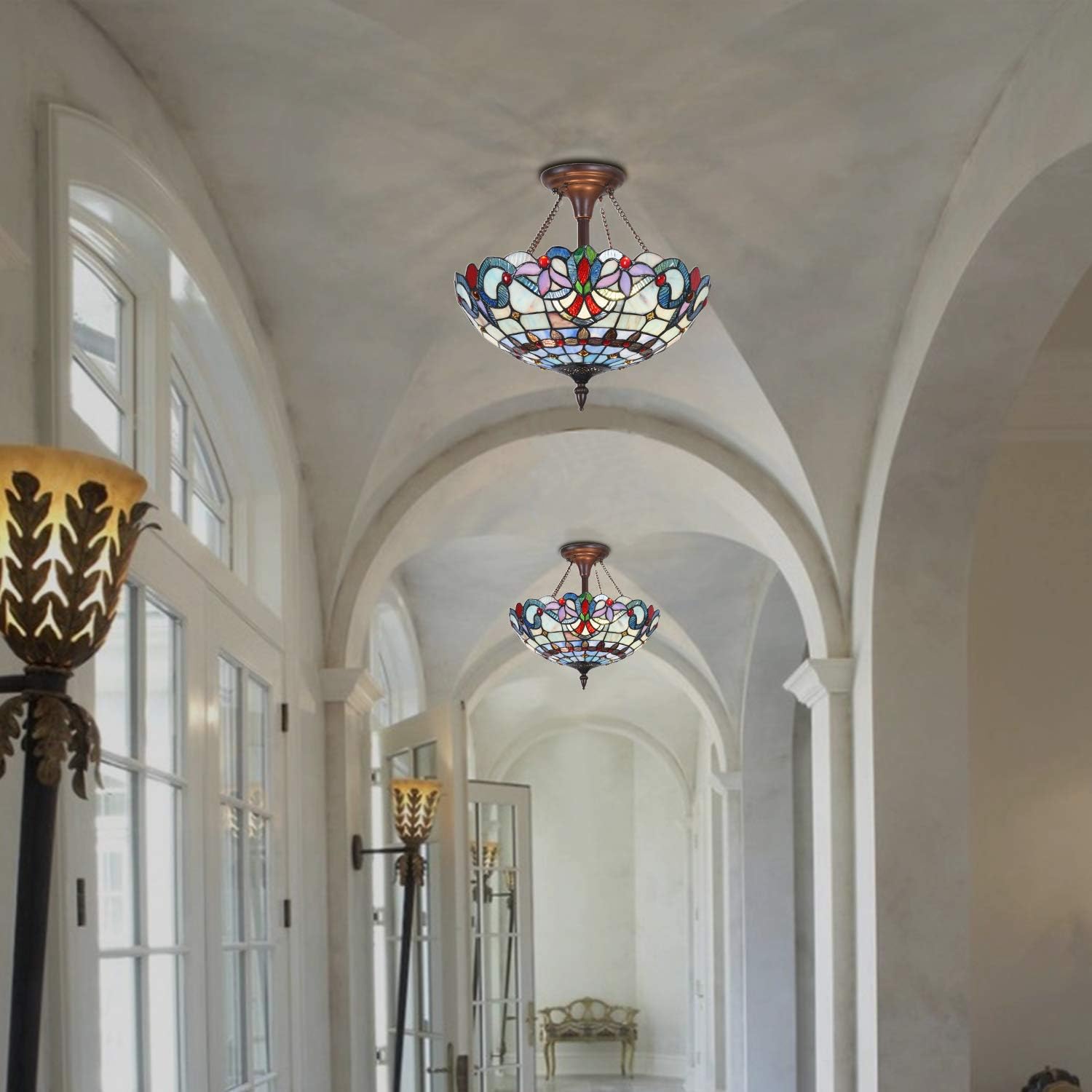 Capulina Tiffany Lamp Stained Glass Ceiling Light Fixture 16X16X14 Inches Light Blue Victorian Tiffany Style Ceiling Lamp for Home Kitchen Bathroom Hallway Entrance Porch Entryway