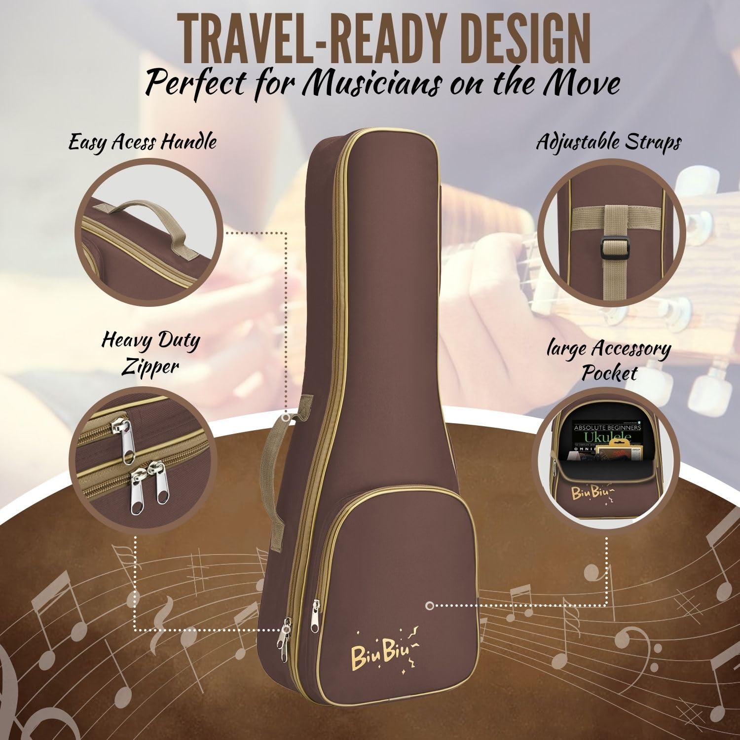 Flexzion Custodia per ukulele, 58 cm, zaino tenore, custodia morbida, impermeabile, con maniglia per il trasporto, tasca e tracolla regolabile, marrone