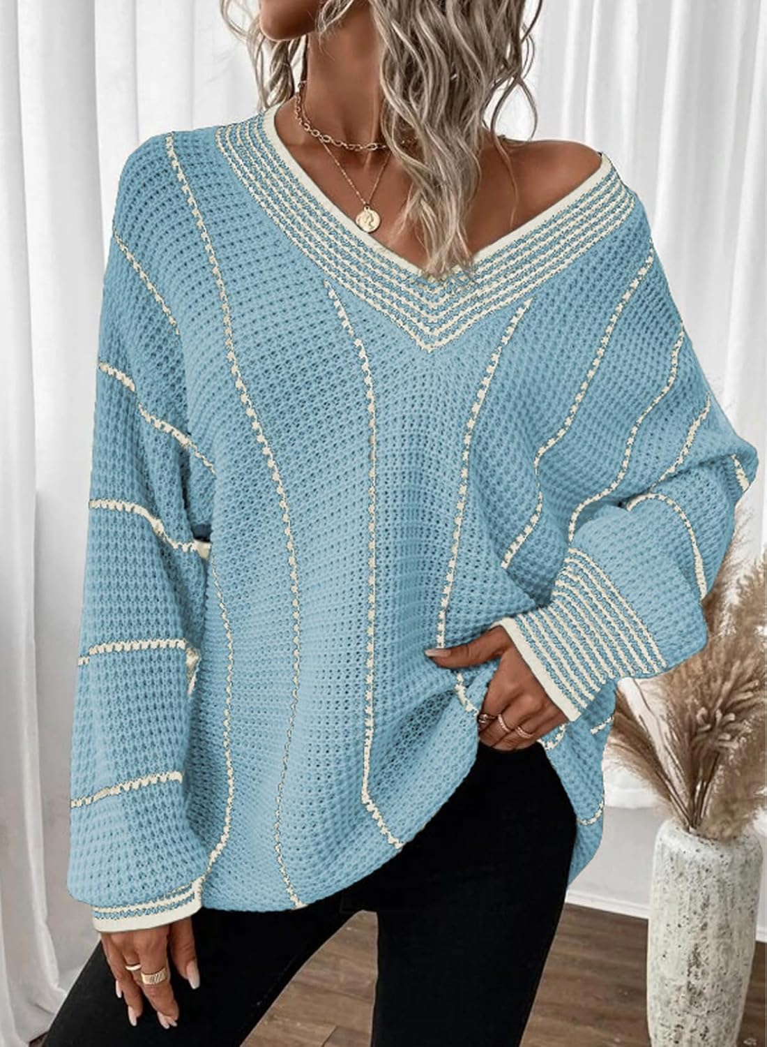Dokotoo Womens Oversized Striped Tunic Sweaters Casual V Neck Long Sleeve Color Block Knit Pullover Jumper Tops